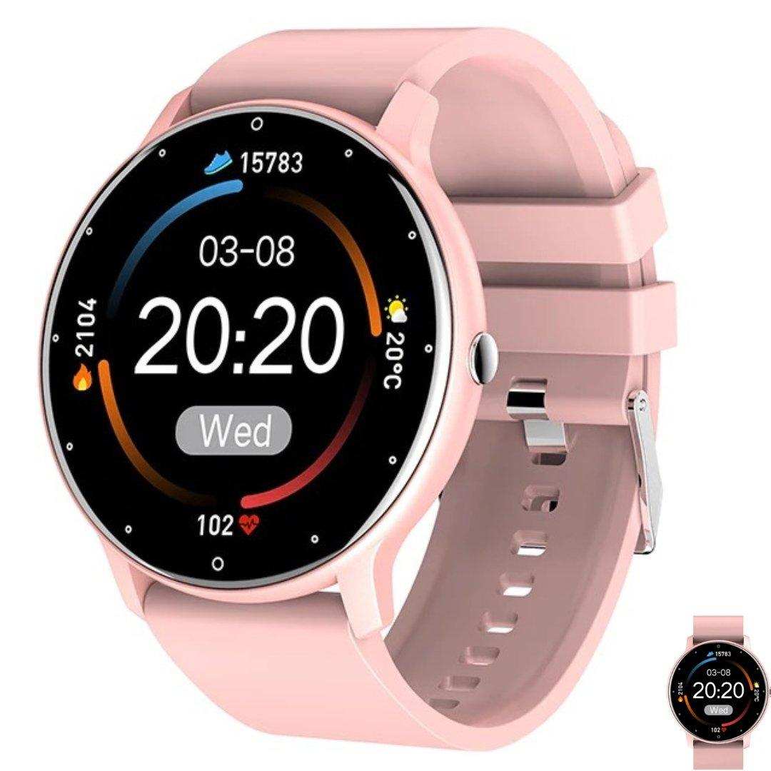 Pink round smart watch with digital display, fitness and health tracking features, TUTT