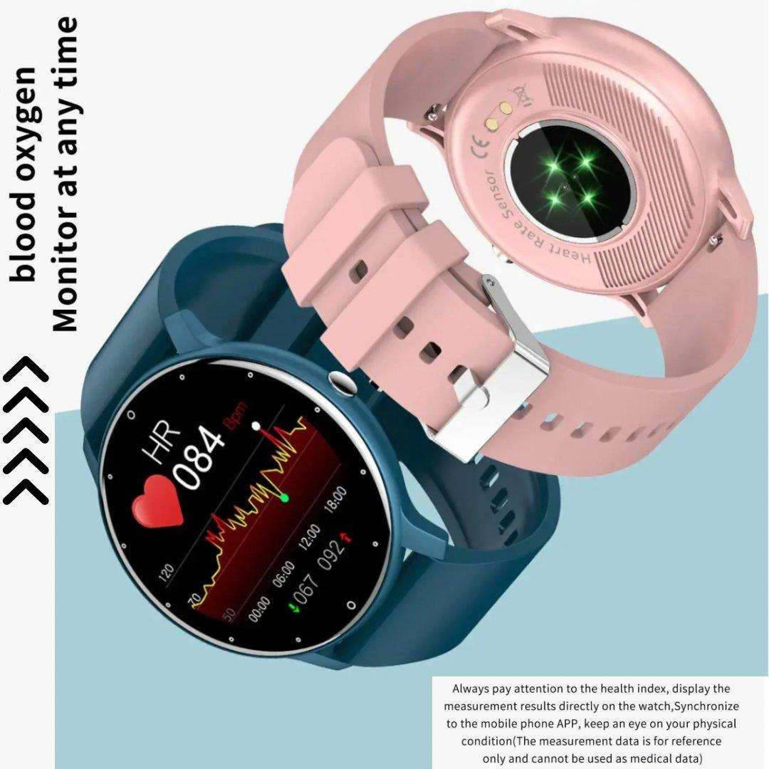 Smartwatch with blue and pink bands showing heart rate, blood oxygen, and sleep monitoring features TUTT