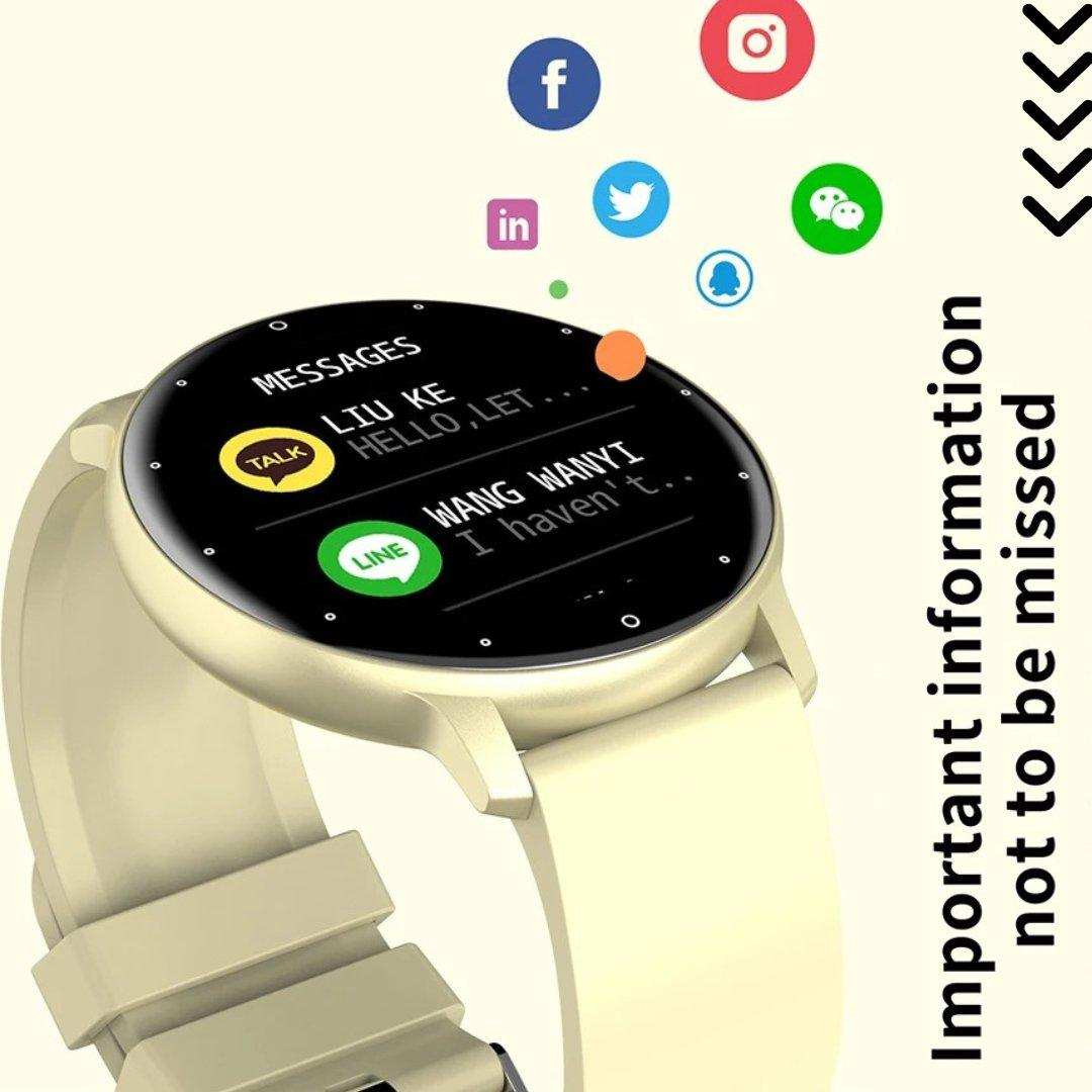 Beige round smartwatch displaying message notifications with social media icons, TUTT