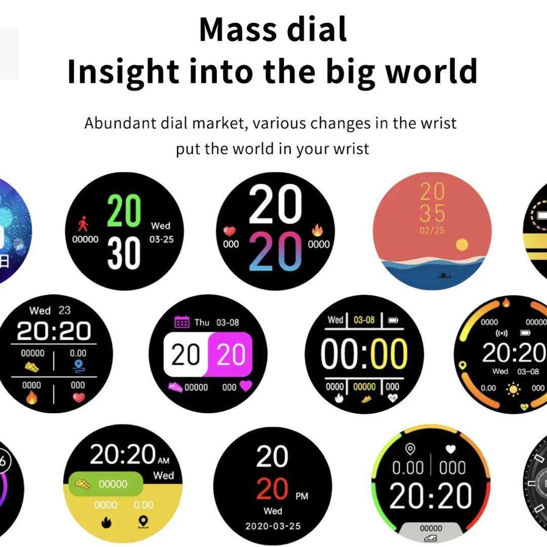 Multiple colorful smartwatch display screens showing various digital watch faces and fitness stats, TUTT
