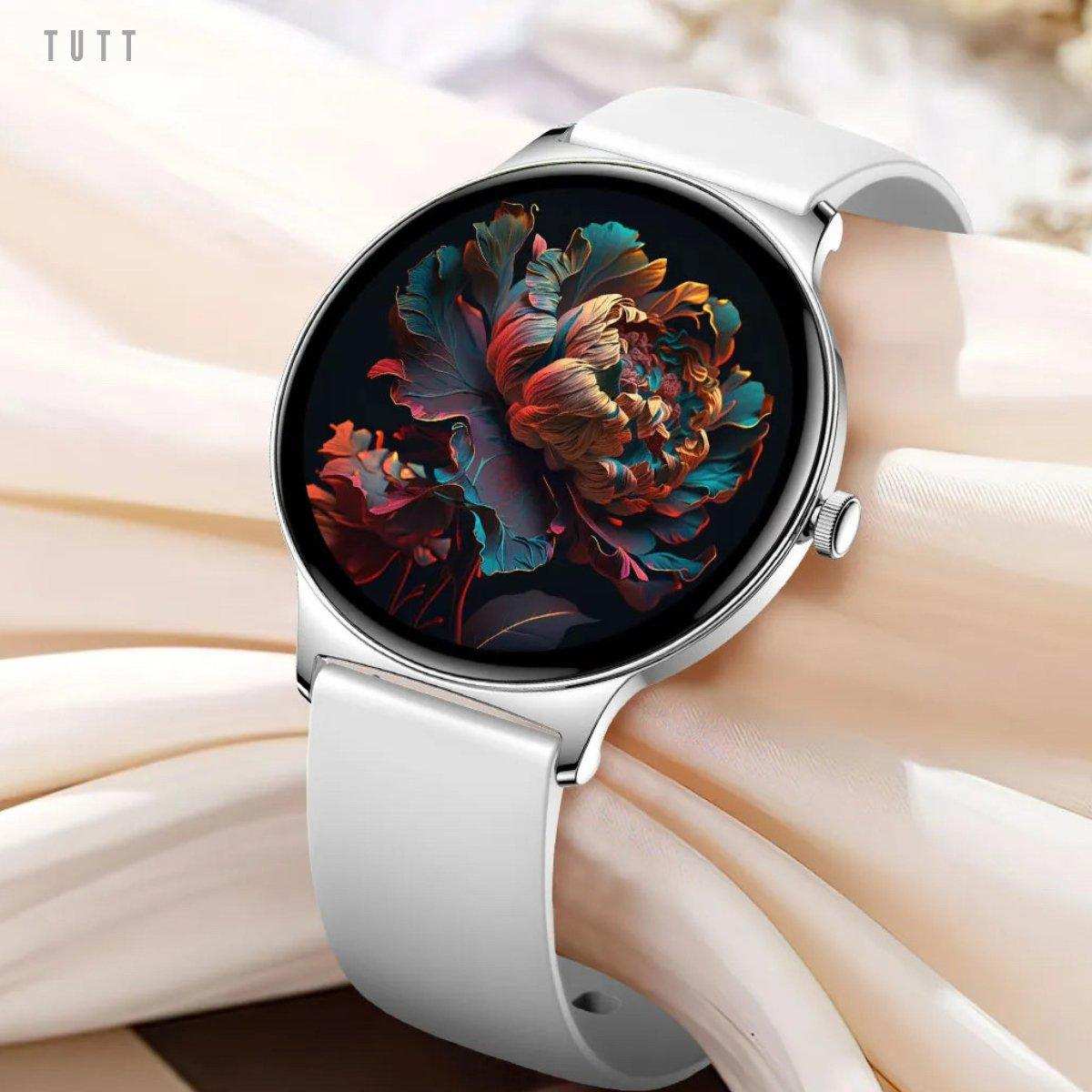 Ultra-thin silver frame smartwatch with white strap, floral display, fitness tracker, TUTT