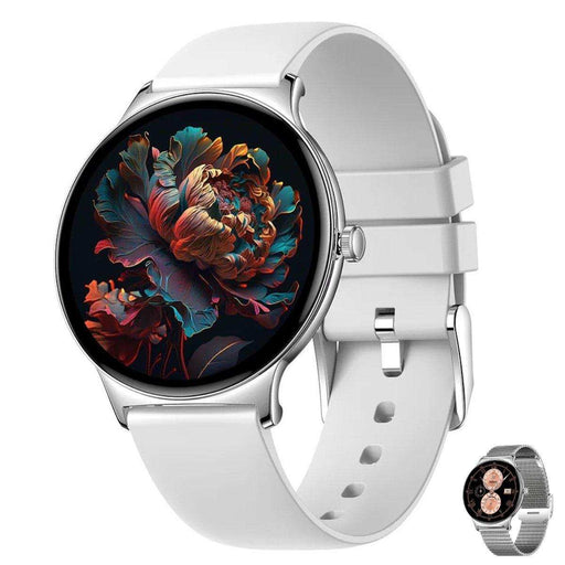 Silver ultra-thin frame smartwatch with always-on display, white strap, floral watch face, two strap styles, TUTT