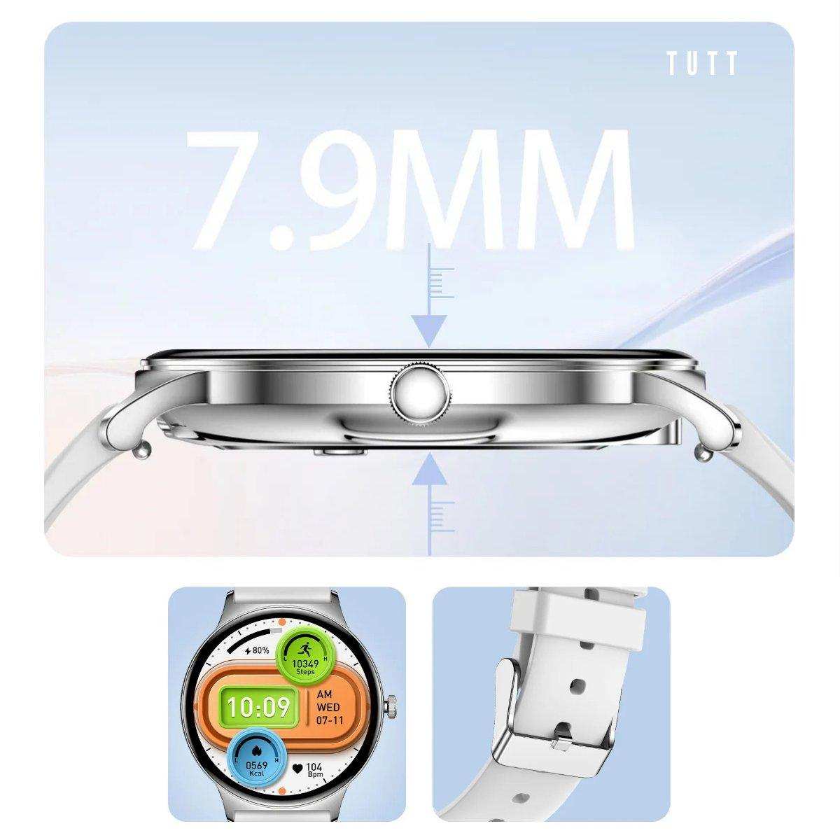 Ultra-thin 7.9mm silver smart watch with always-on display and two white straps, TUTT