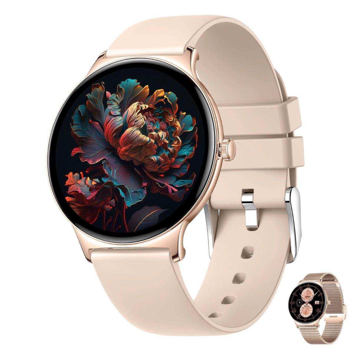Ultra-thin rose gold smart watch with always-on display and beige strap, floral watch face, TUTT