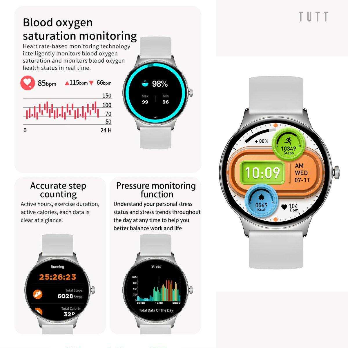 TUTT classic 143 ultra-thin frame smart watch showing health, fitness, and step tracking features TUTT