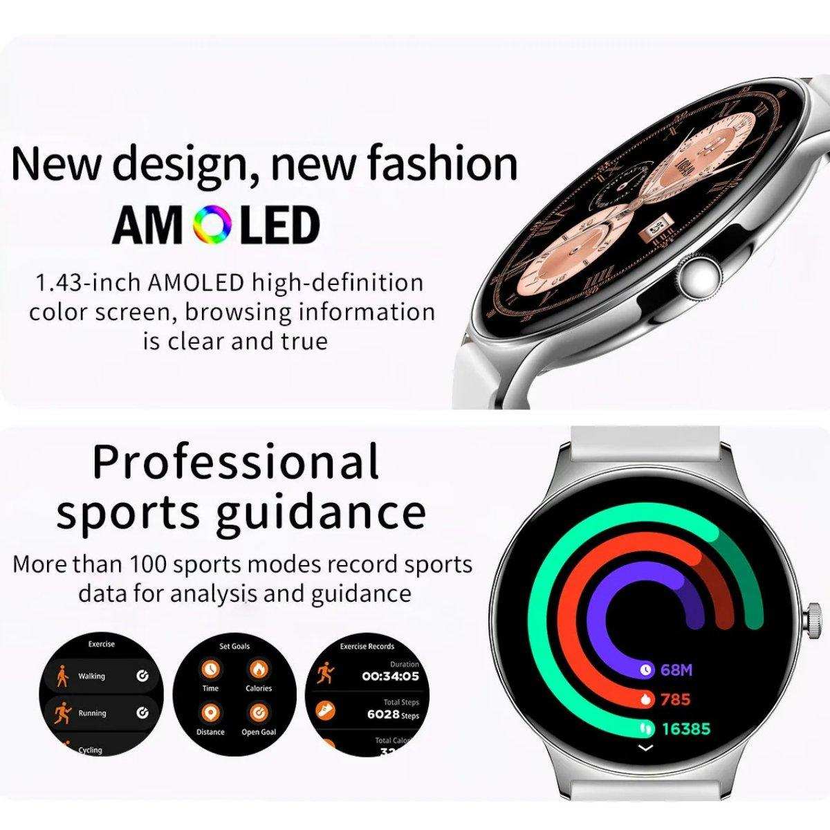 Ultra-thin AMOLED smart watch with round display, fitness tracker, sports modes, TUTT