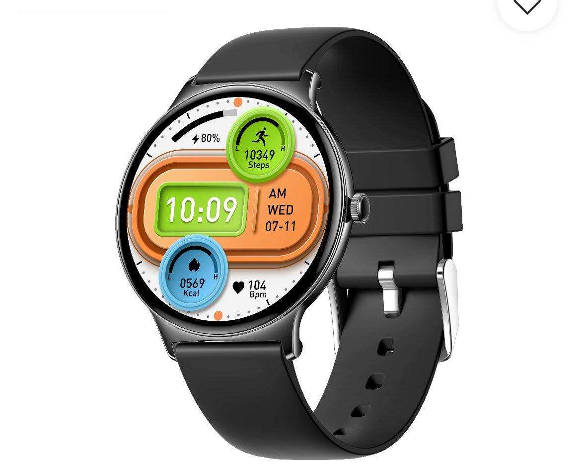 Ultra-thin black smartwatch with round display showing time, steps, calories, heart rate. TUTT