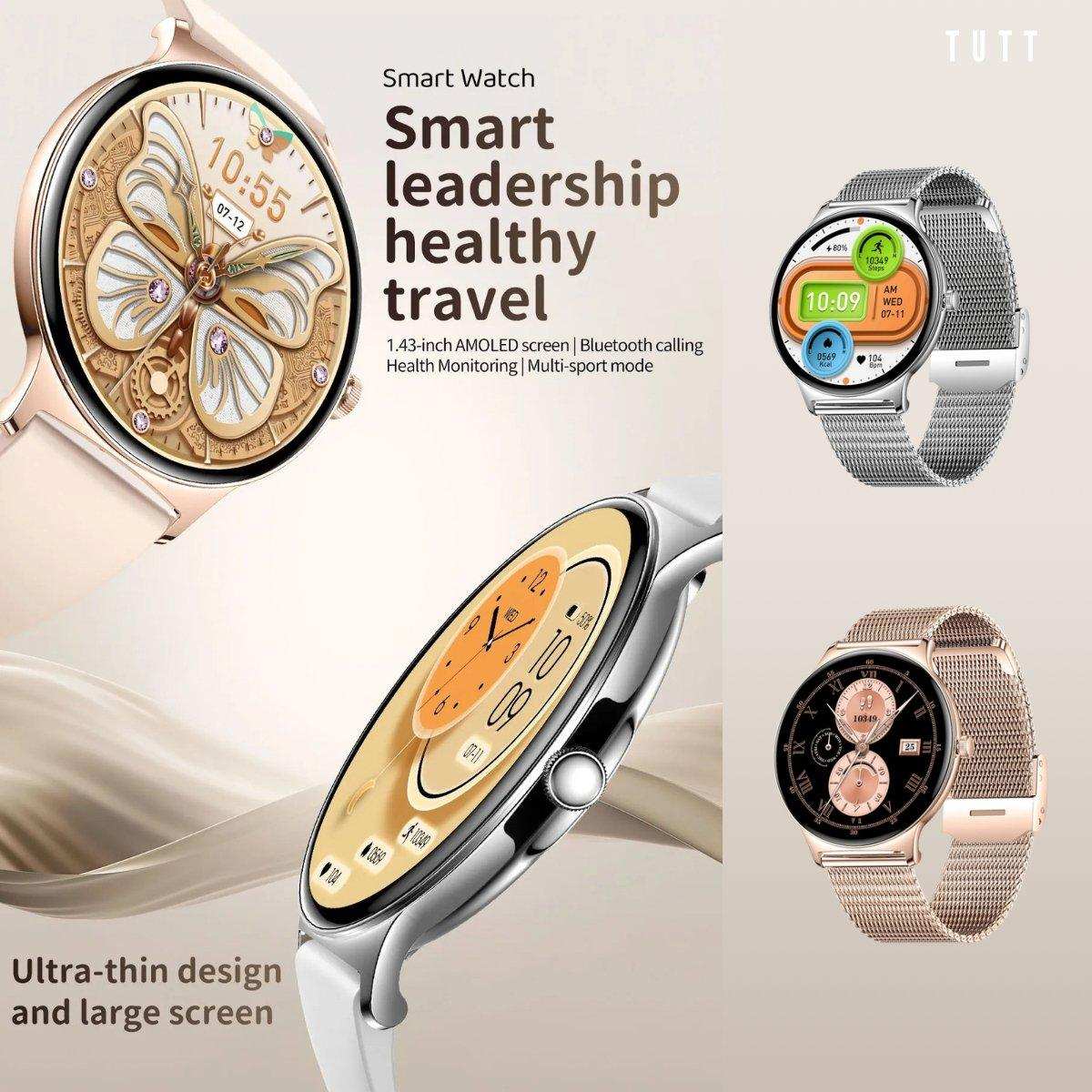 Ultra-thin 1.43-inch AMOLED TUTT smart watch with multiple display styles, fitness tracking, steel mesh and rubber straps, always-on display, for men and women. TUTT