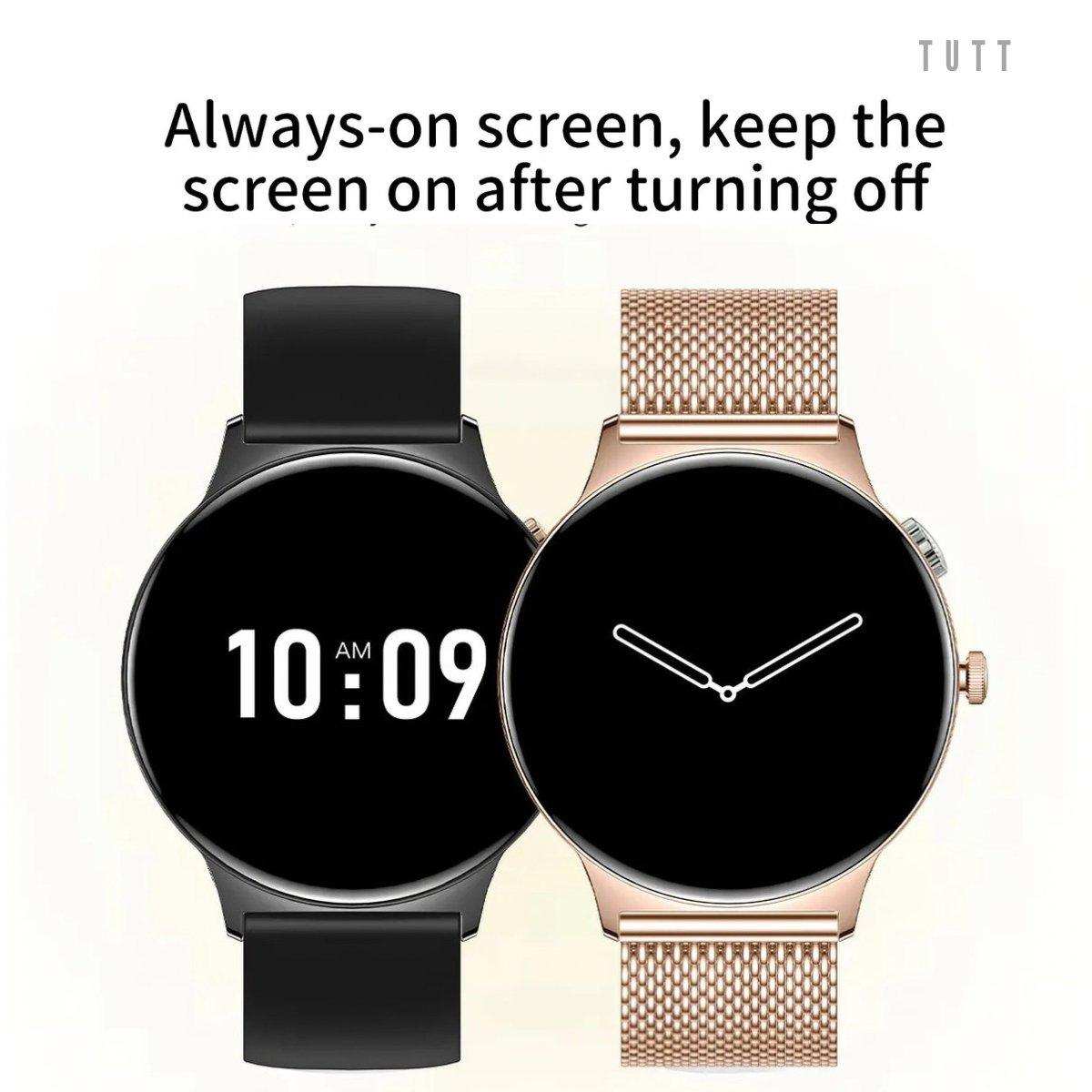 Two TUTT ultra-thin frame smartwatches with always-on display, black and rose gold straps. TUTT