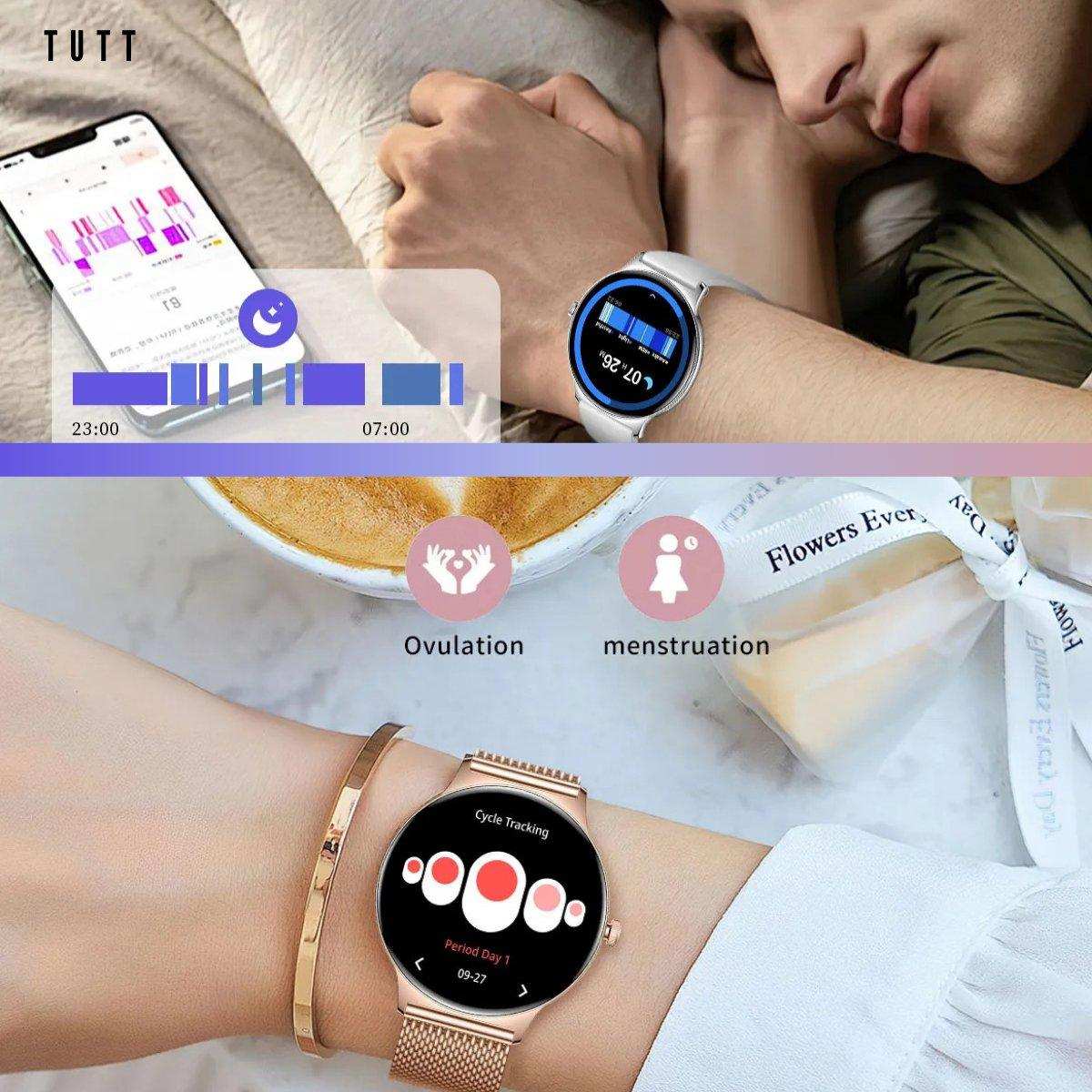 Men and women wearing TUTT classic ultra-thin smartwatches with sleep and cycle tracking display, fitness health tracker, two straps, always on display. TUTT