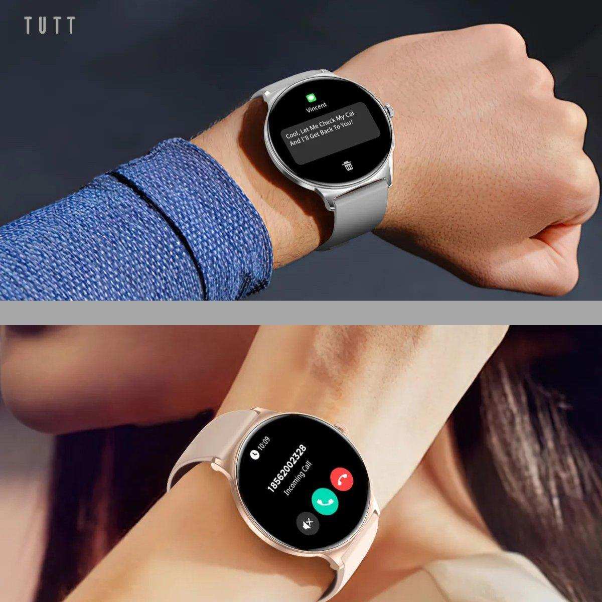 Ultra-thin frame smart watch with always-on display showing call and message notifications, TUTT