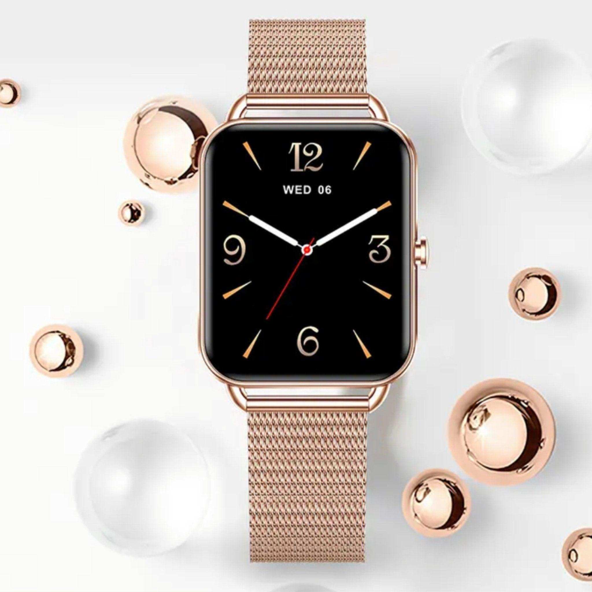 Rose gold smartwatch with rectangular AMOLED display and mesh strap on white background, TUTT