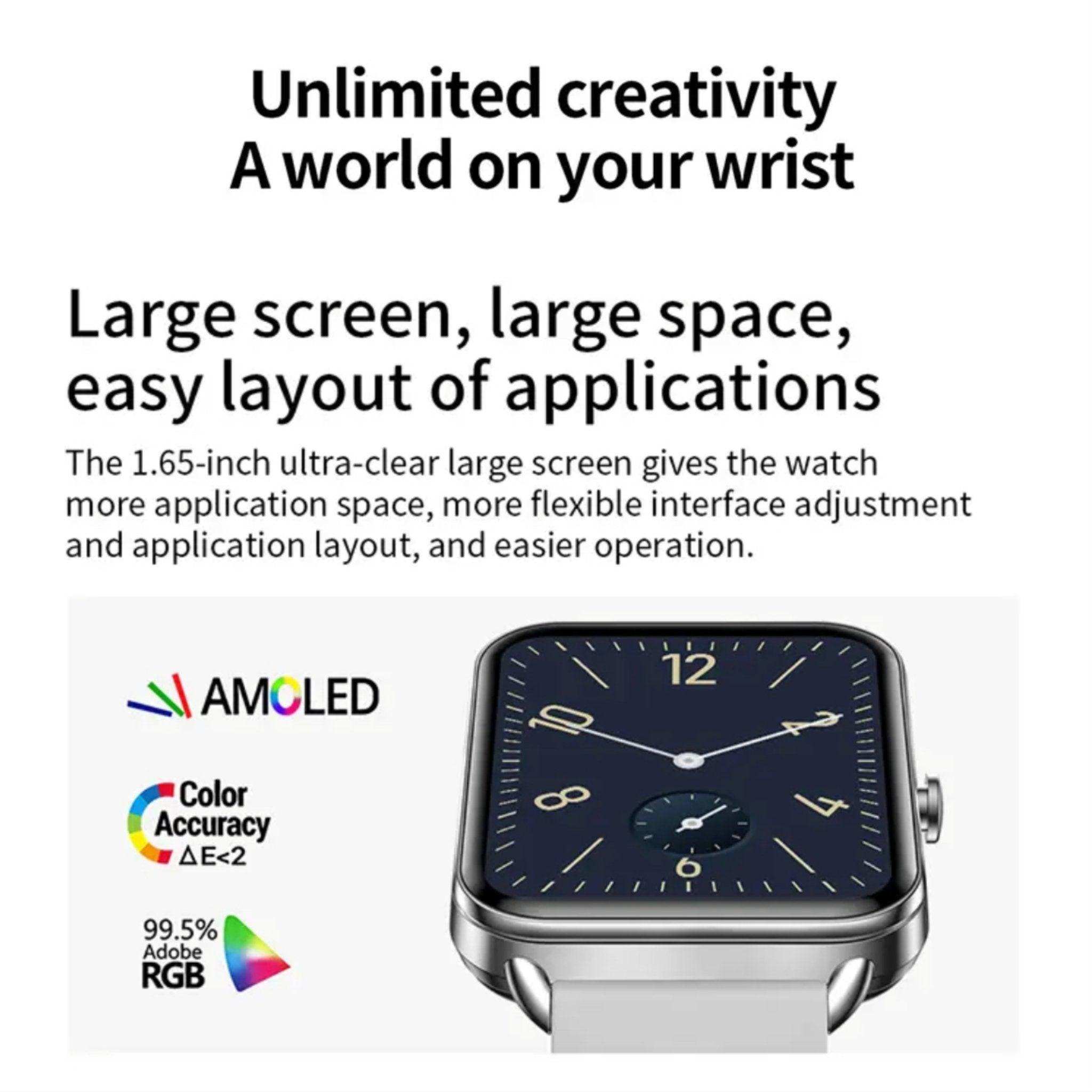 1.65-inch AMOLED touch screen smartwatch with rubber strap, black dial, marketing text. TUTT