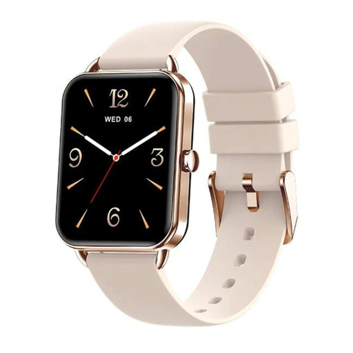 Gold AMOLED touch screen smartwatch with rubber strap and analog watch face, TUTT