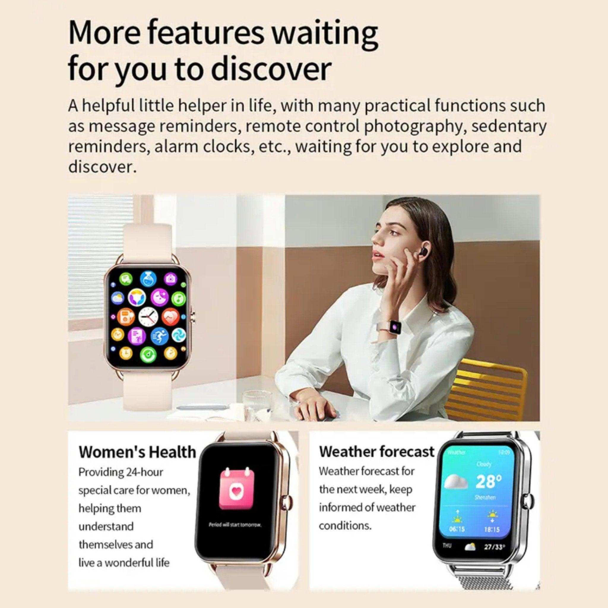 AMOLED 1.65-inch touch screen smart watch showcasing app icons, fitness tracker, and health features for men and women, with BT calling and weather forecast display, worn by a woman in a modern setting. TUTT
