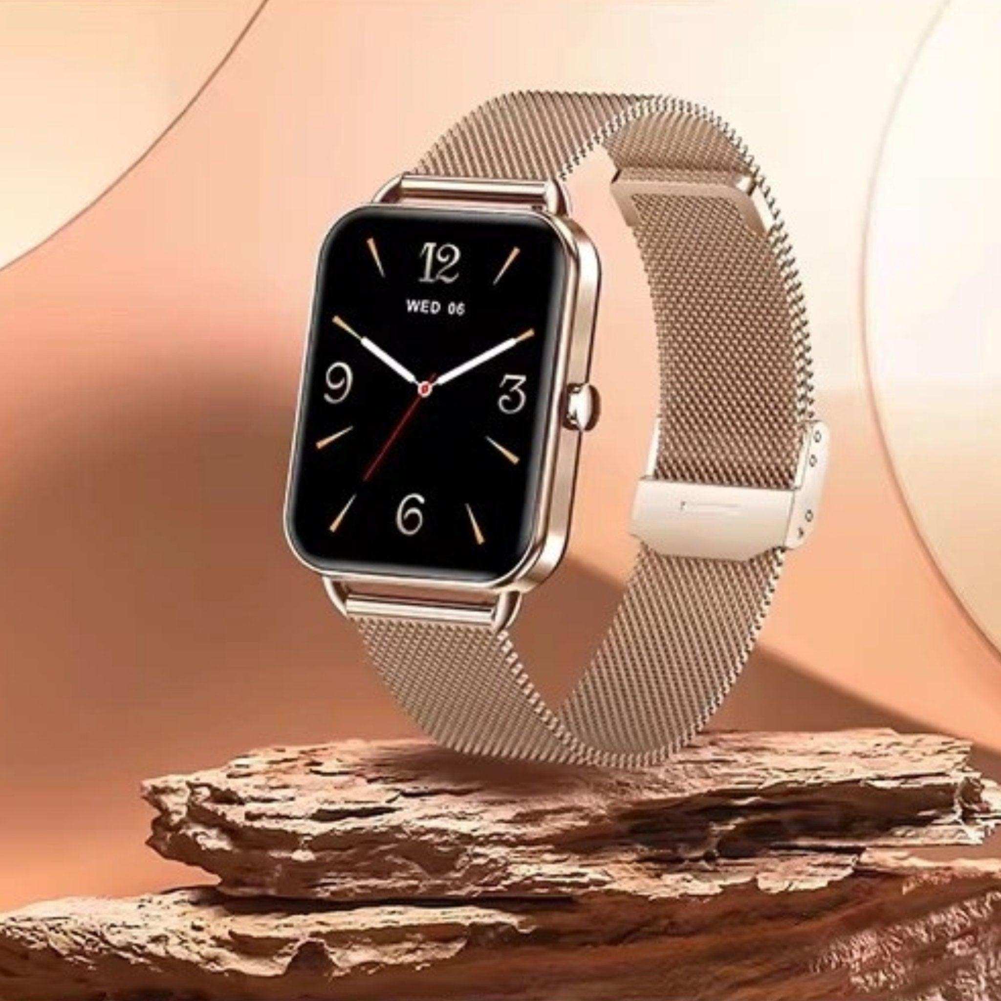 Gold rectangular AMOLED touchscreen smartwatch with mesh strap on stone display, TUTT