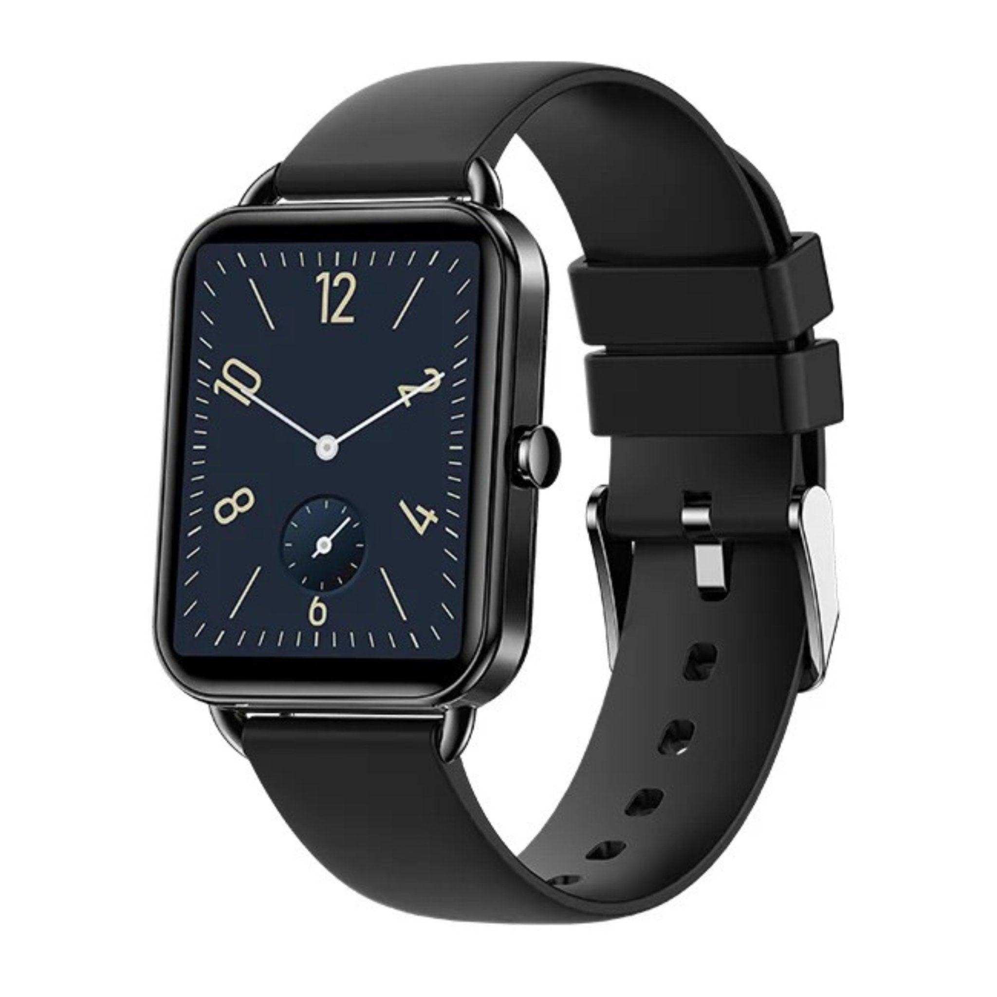 Black AMOLED touch screen smart watch with rectangular face and rubber strap, classic design TUTT