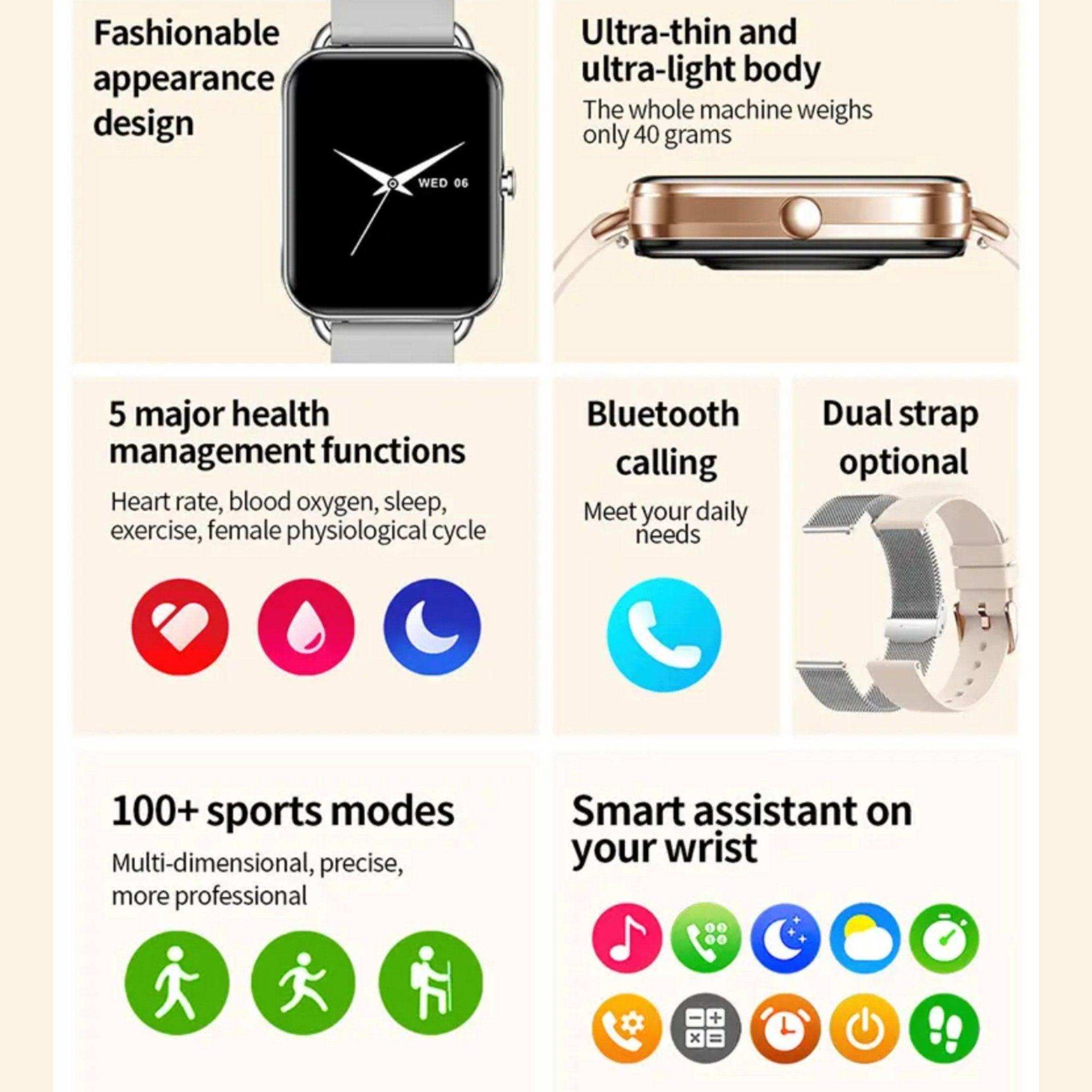 TUTT Classic DA2 AMOLED smart watch with silver case, rubber strap, and feature icons, TUTT