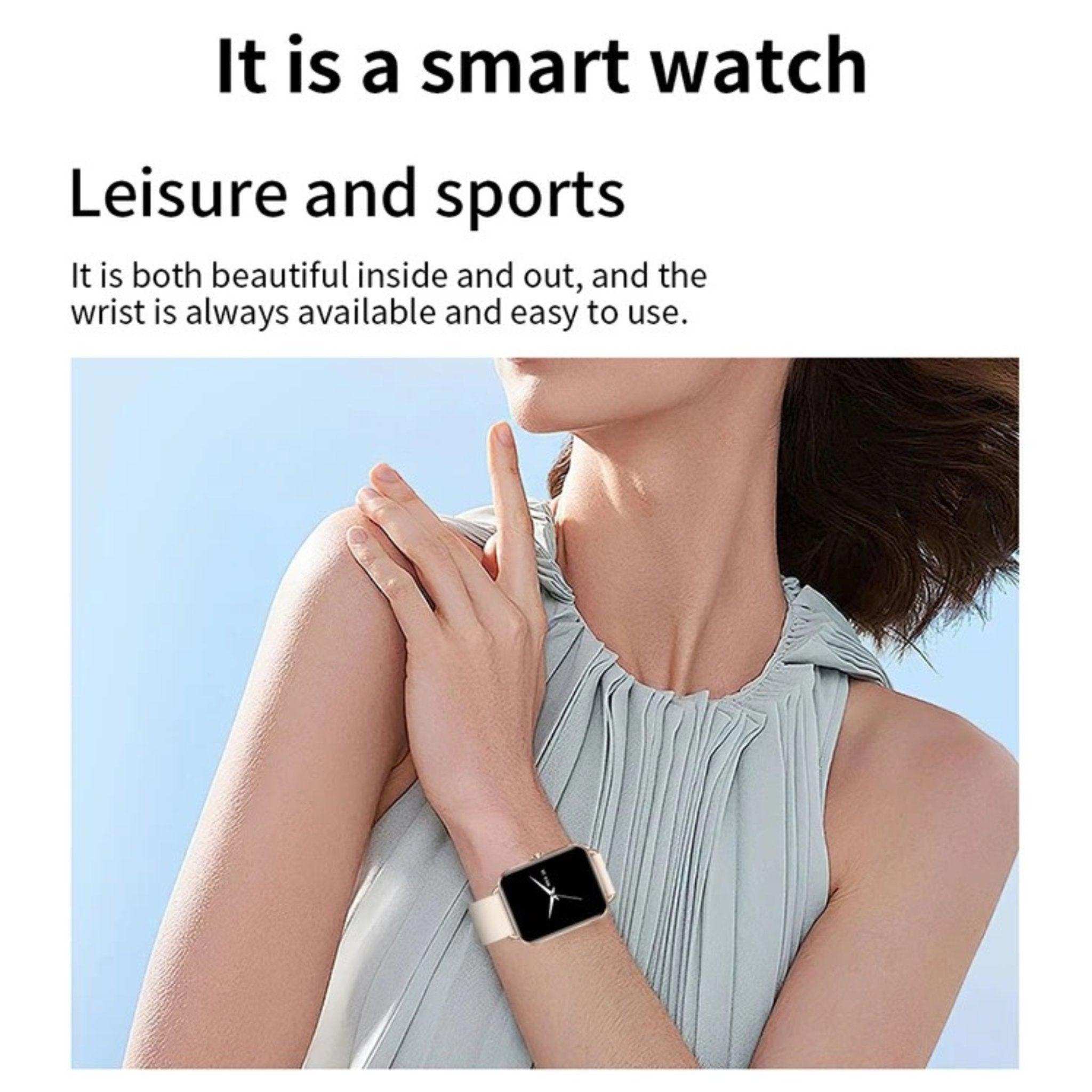 Woman wearing a classic square AMOLED smart watch with rubber strap, modern design, TUTT