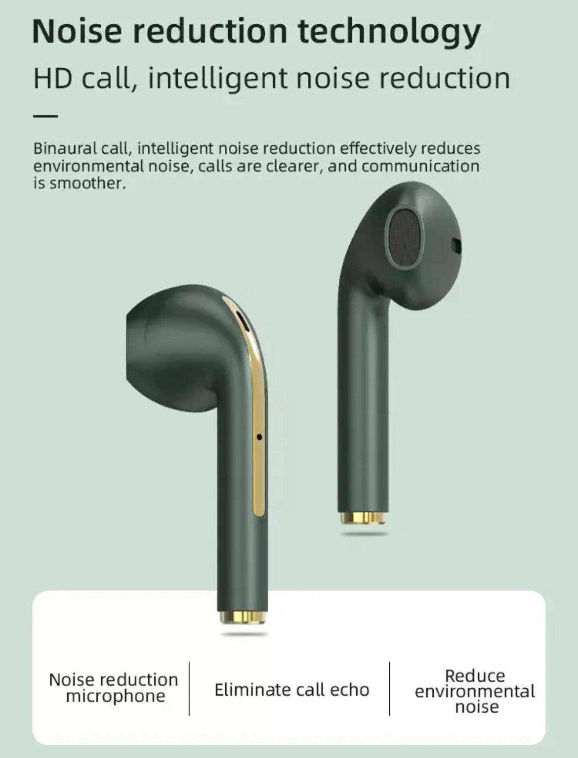 Matte black wireless earbuds with gold accents, featuring noise reduction and touch control, promoted for HD calls and environmental noise reduction. TUTT