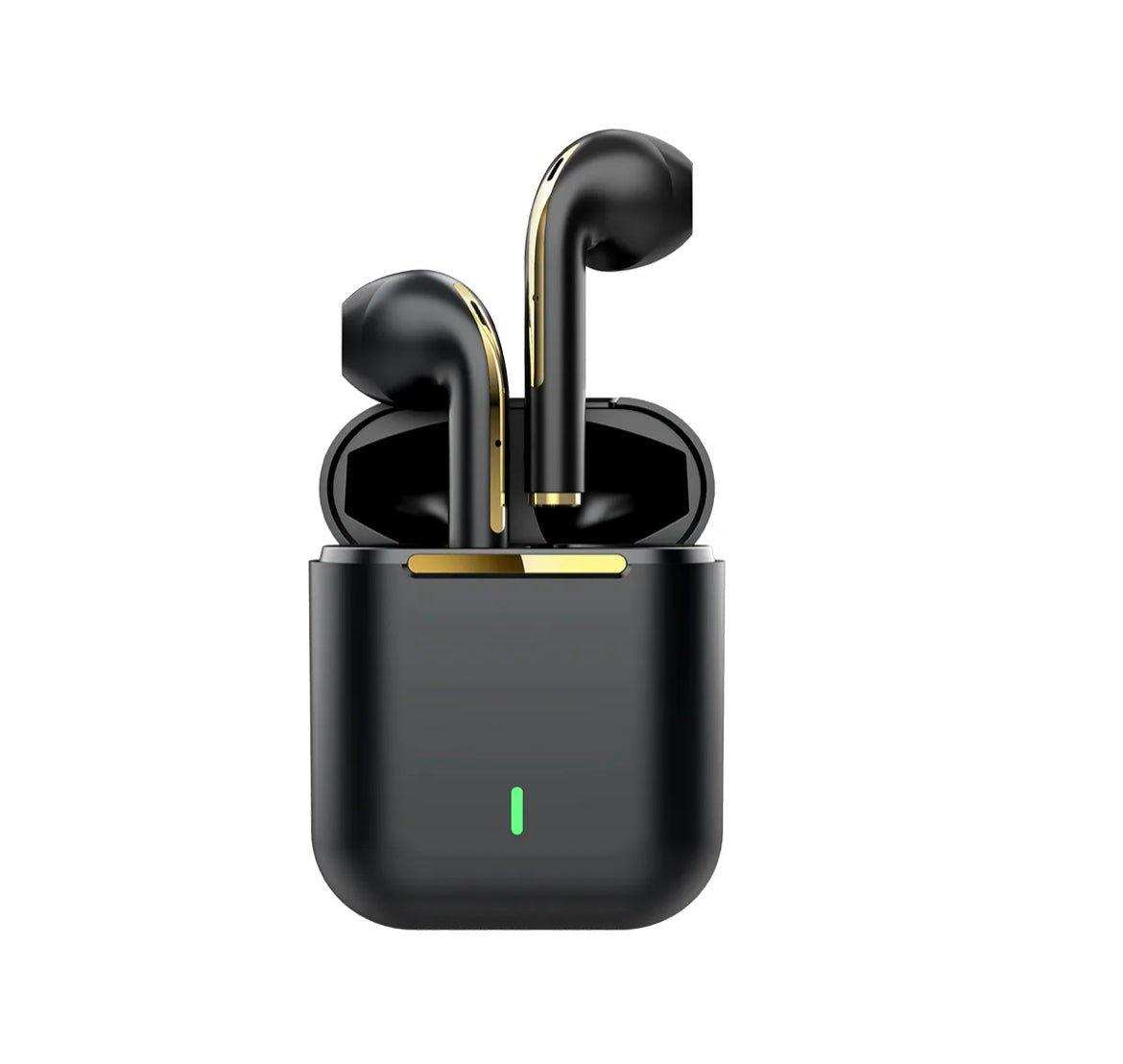 Black wireless Bluetooth earbuds with gold accents in charging case, LED indicator, TUTT
