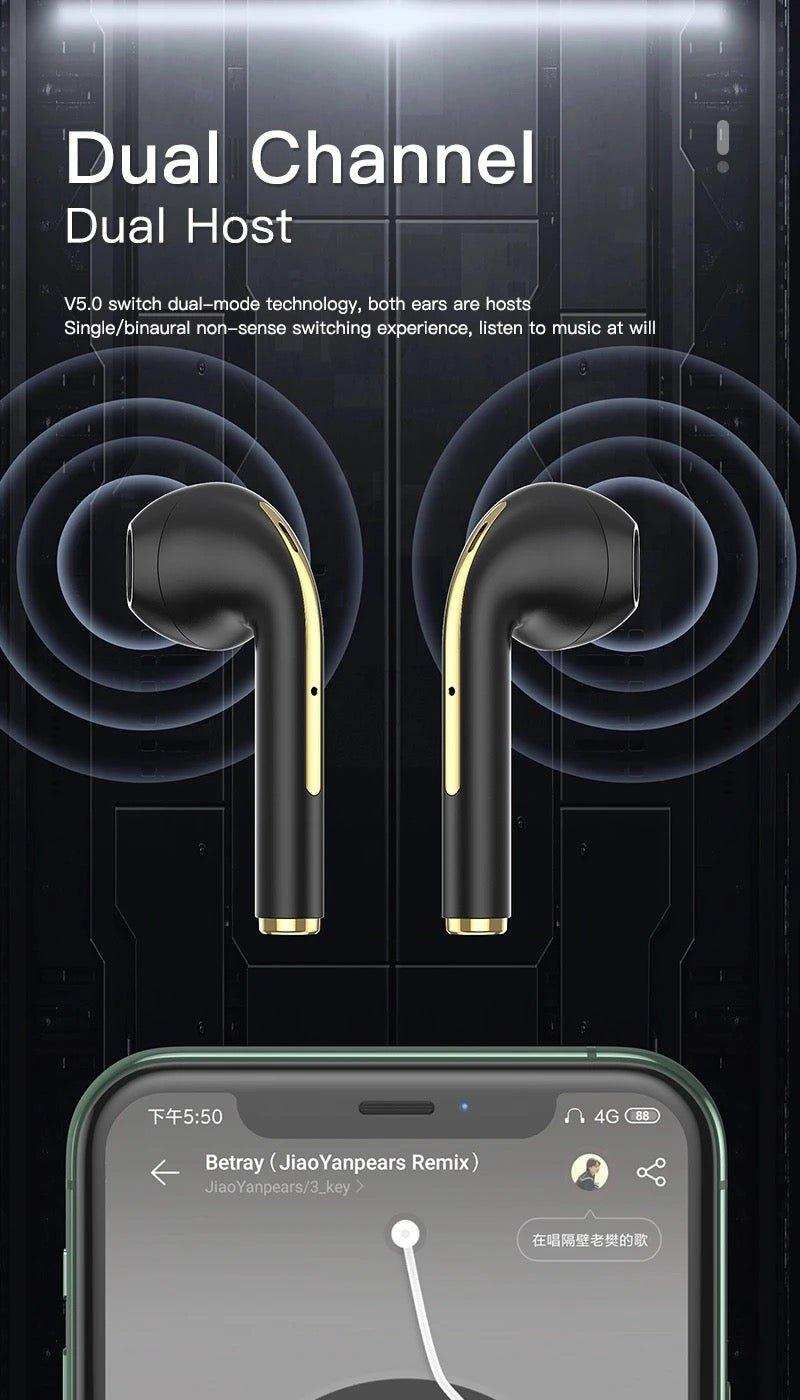 Black and gold wireless Bluetooth 5.0 earbuds with smartphone music display, dual channel feature, TUTT