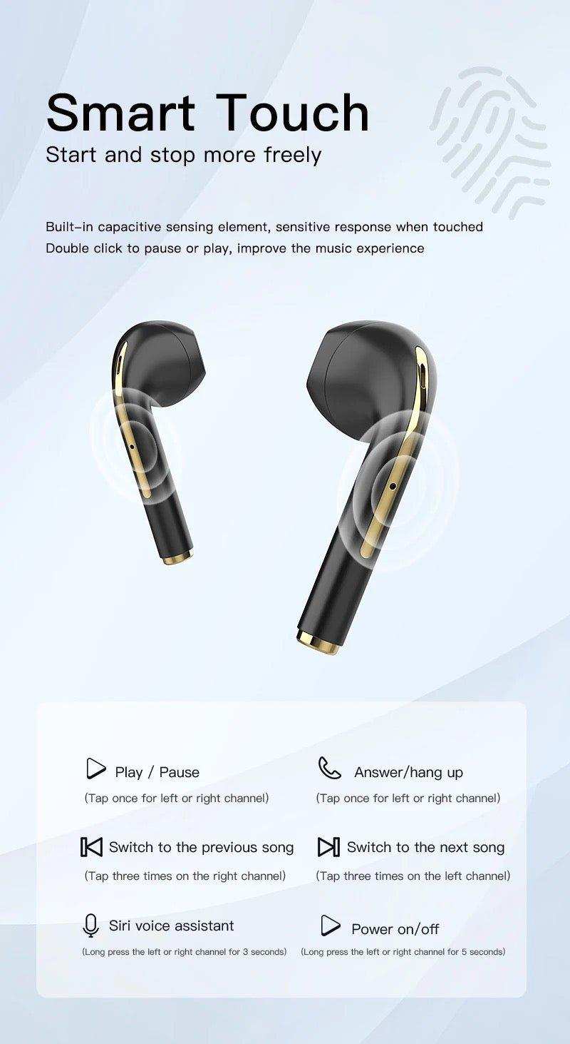 Black and gold wireless earbuds with smart touch controls, Bluetooth headphones, TUTT