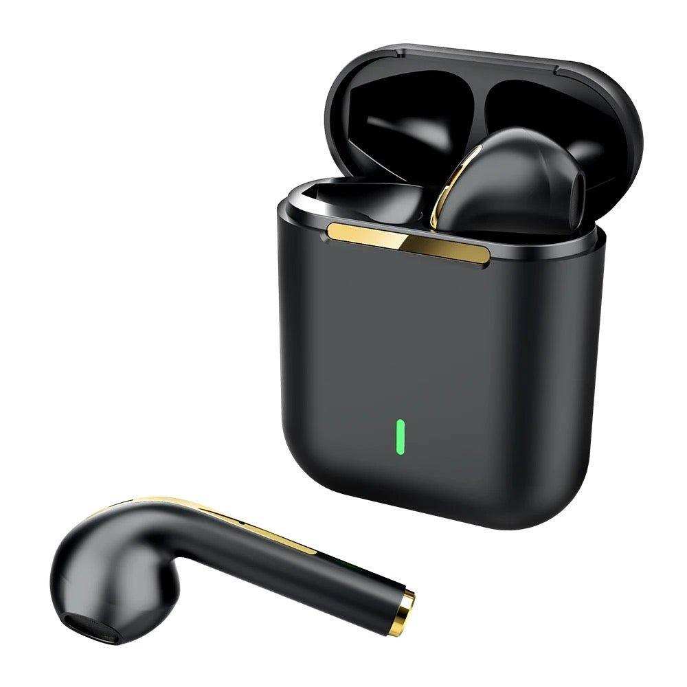 Black wireless earbuds with gold accents, open charging case, and touch control TUTT