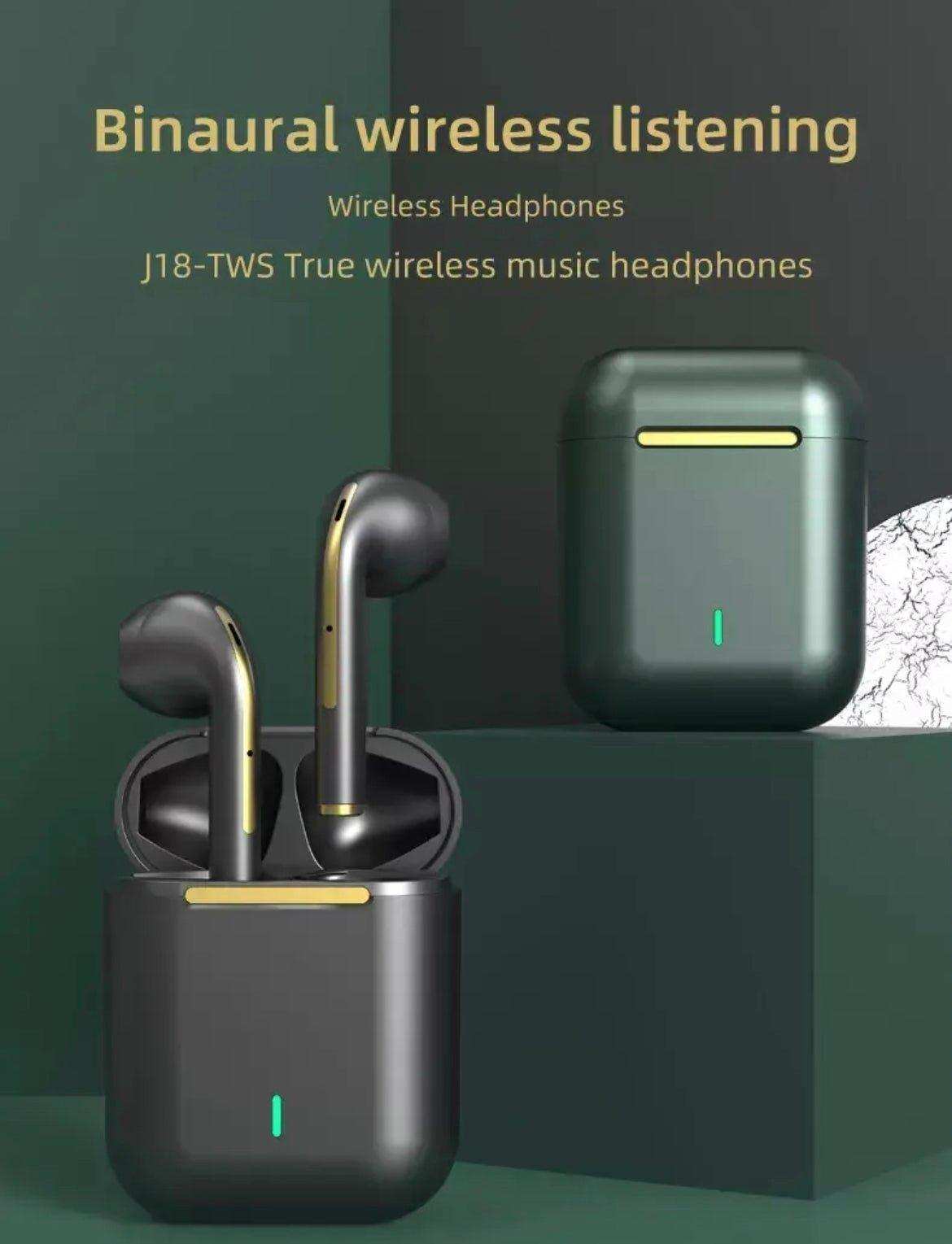 Black wireless earbuds with gold accents in open and closed charging cases on green background, TUTT