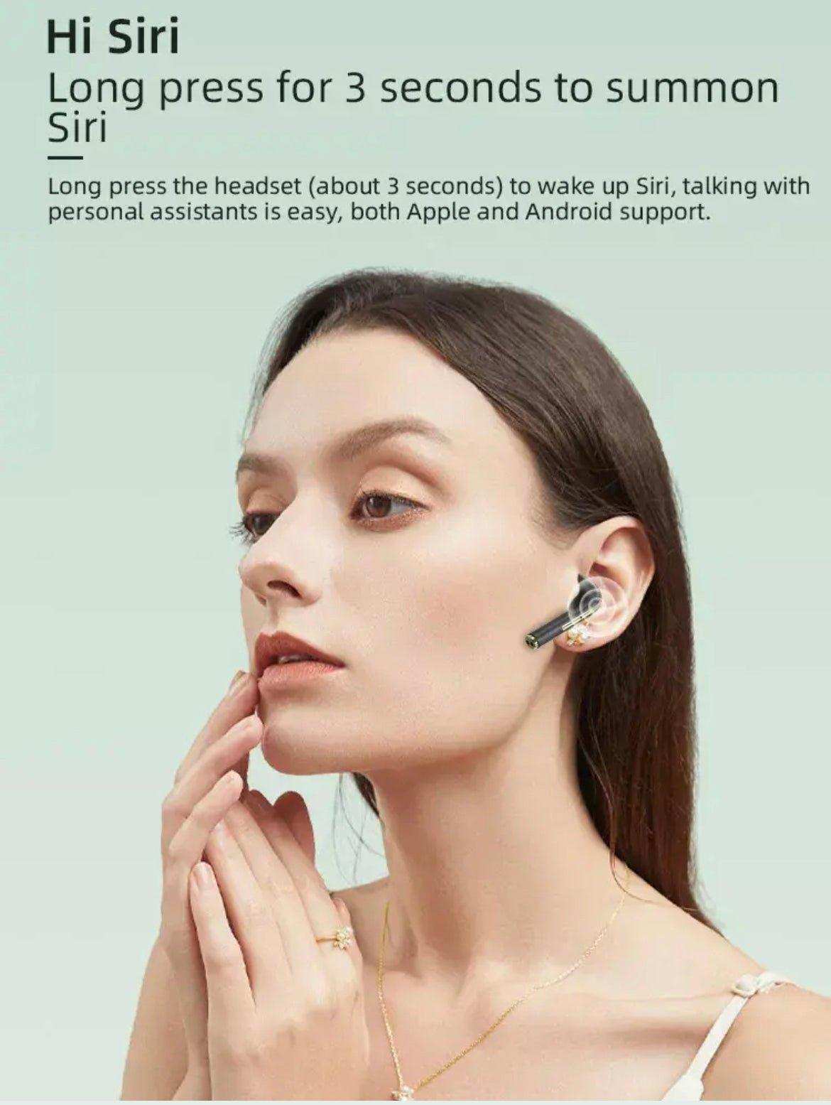 Woman wearing classic wireless Bluetooth earbuds with touch control, Siri support and ENC mic, TUTT