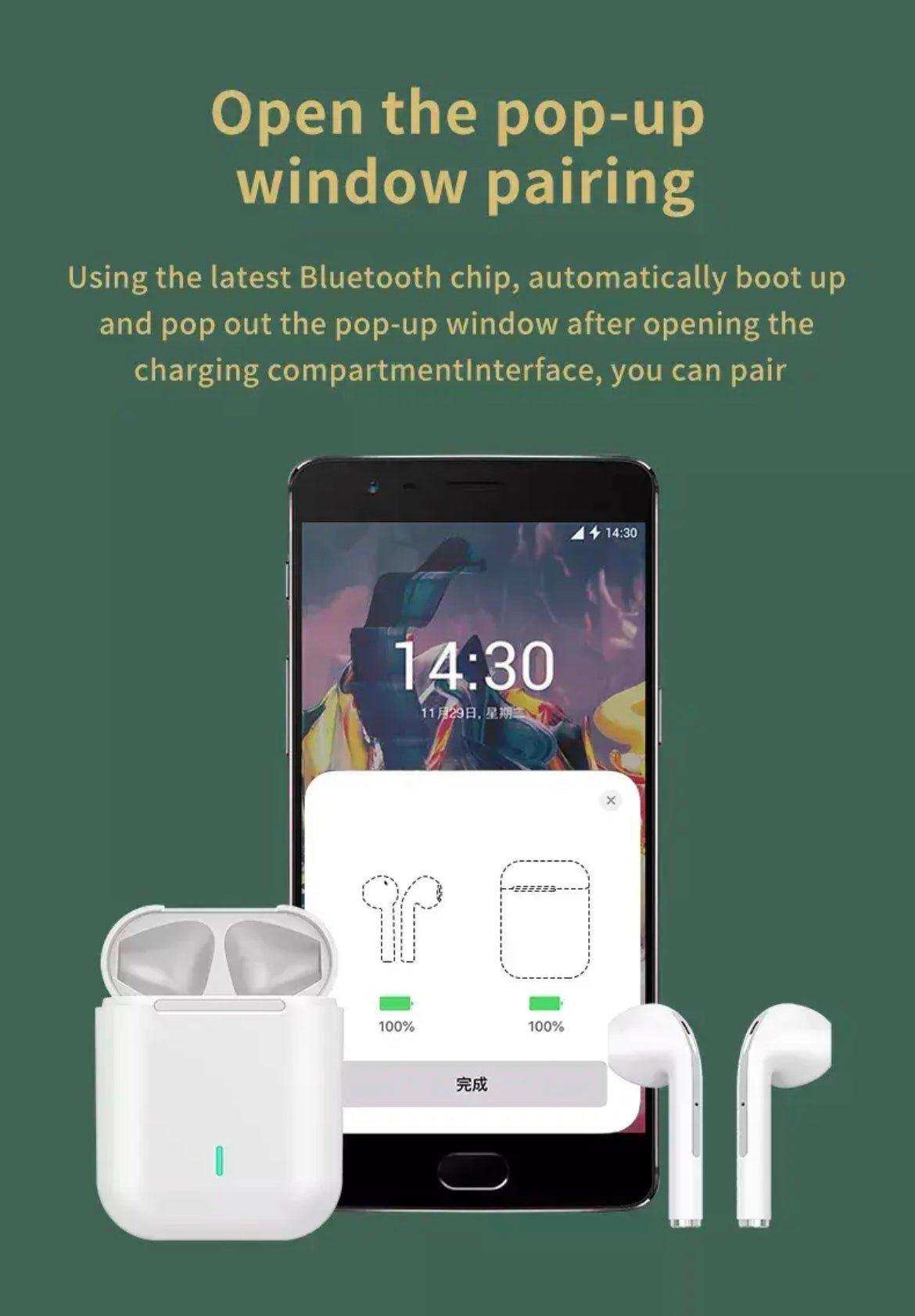 White wireless earbuds and charging case with phone pop-up pairing window, Bluetooth 5.3, TUTT