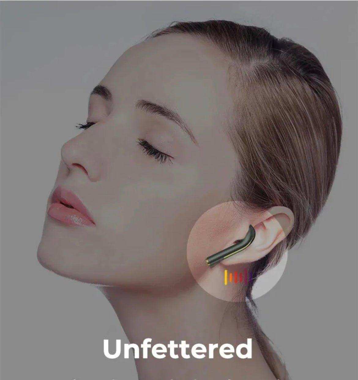Woman wearing classic wireless Bluetooth 5.3 earbuds with touch control, highlighted feature, TUTT