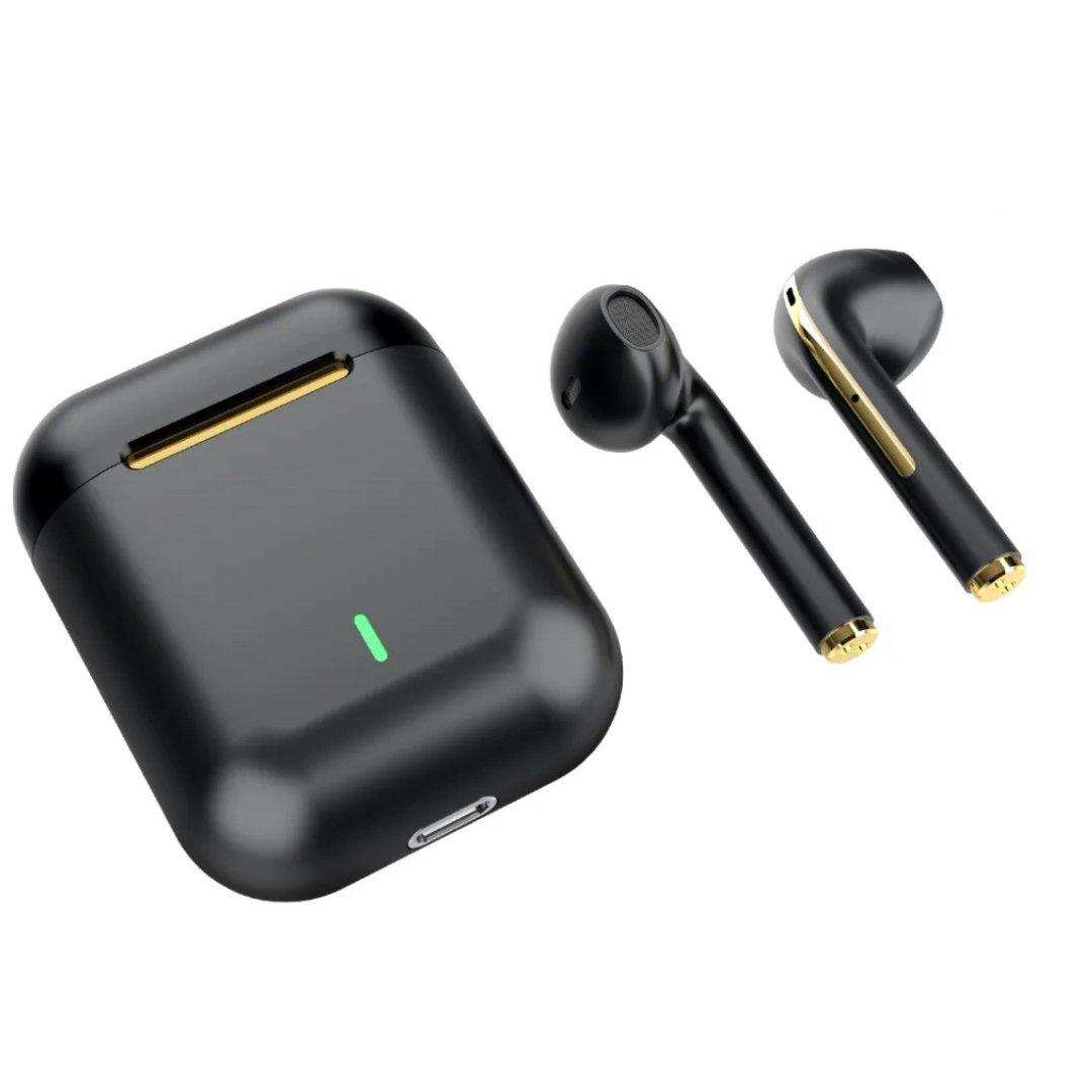 Black wireless Bluetooth earbuds with charging case and gold accents on a white background TUTT