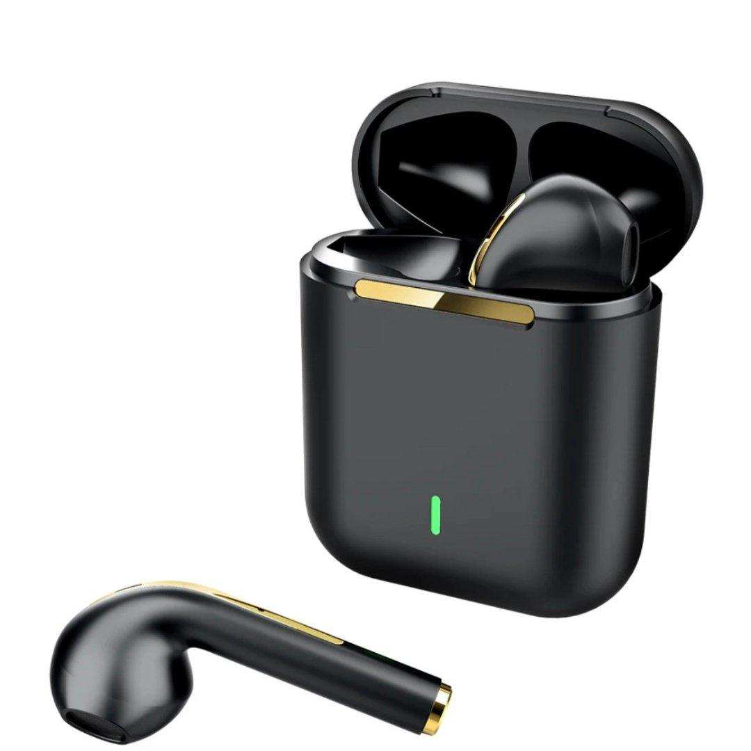Black wireless Bluetooth earbuds with gold accents and charging case on white background TUTT