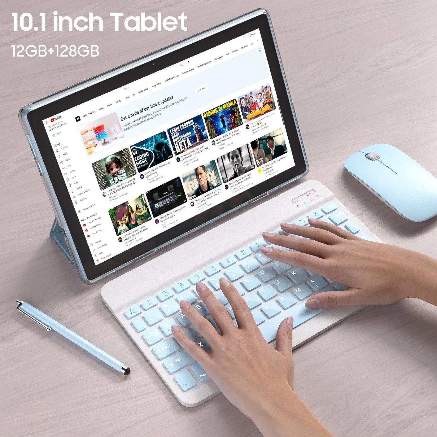 10.1 inch Android tablet with keyboard, mouse, stylus and YouTube on screen, 12GB+128GB TUTT