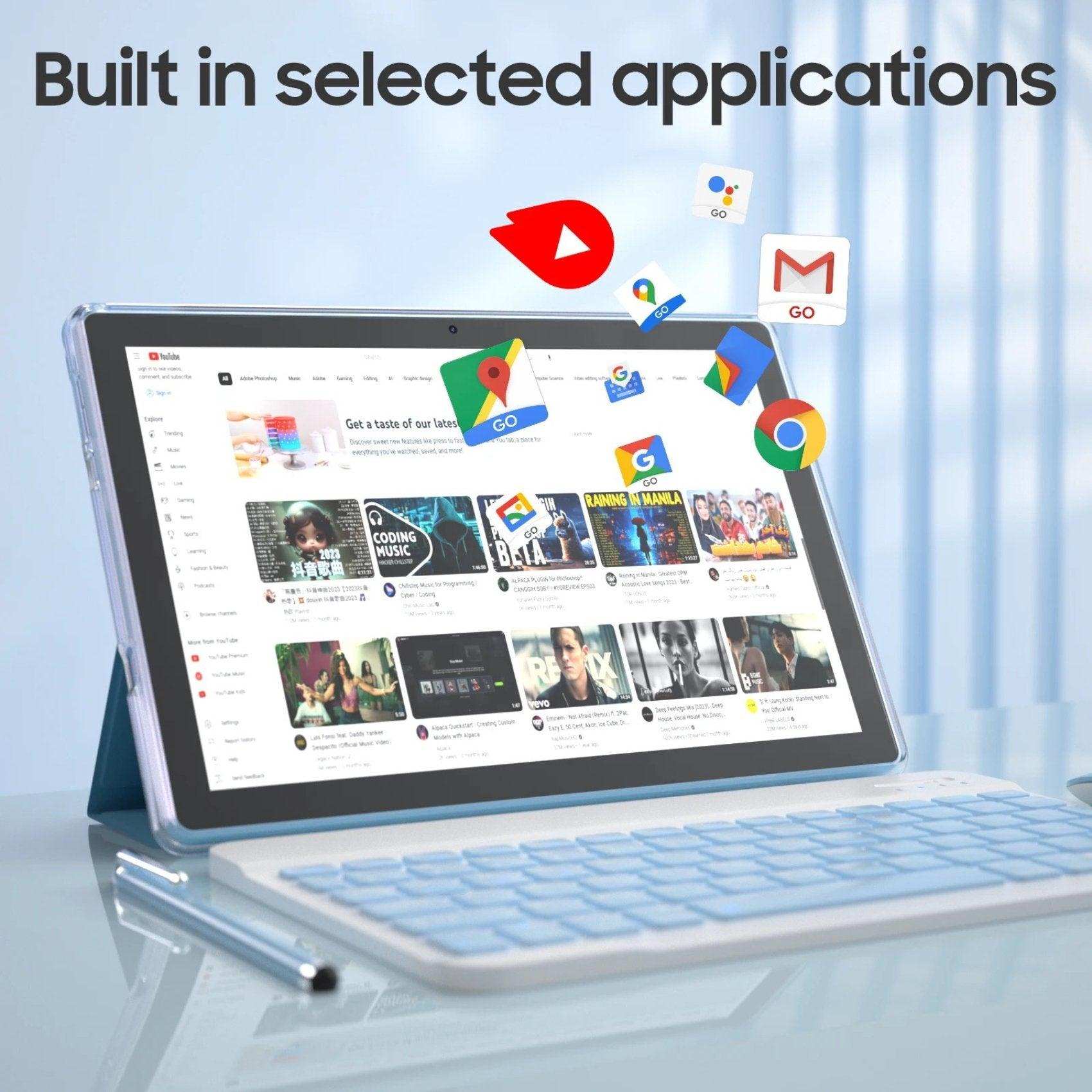 10.1 inch Android 2-in-1 tablet with keyboard, stylus, built-in Google apps, YouTube open, TUTT