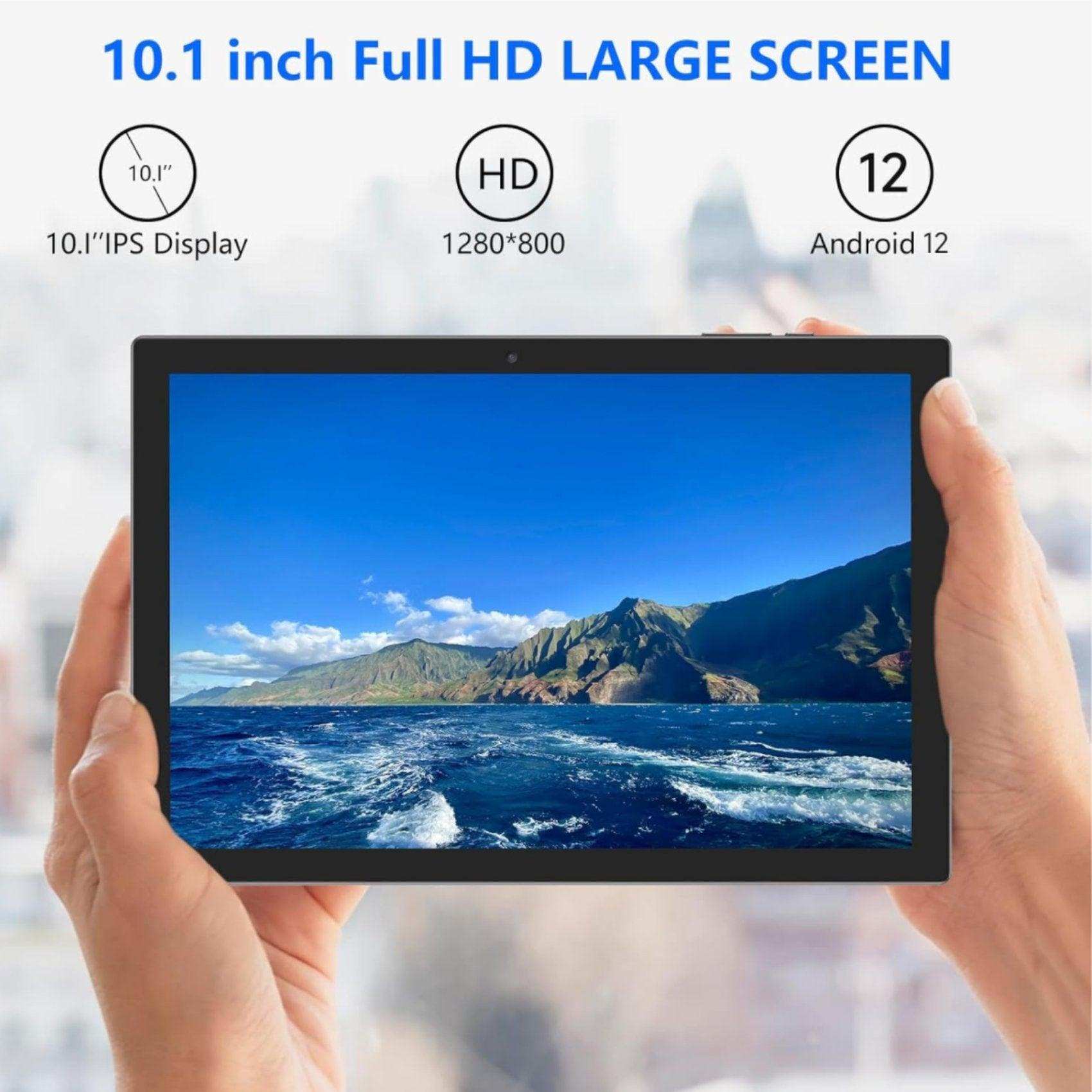 Hands holding 10.1 inch Full HD Android 12 tablet with mountain and ocean display, TUTT