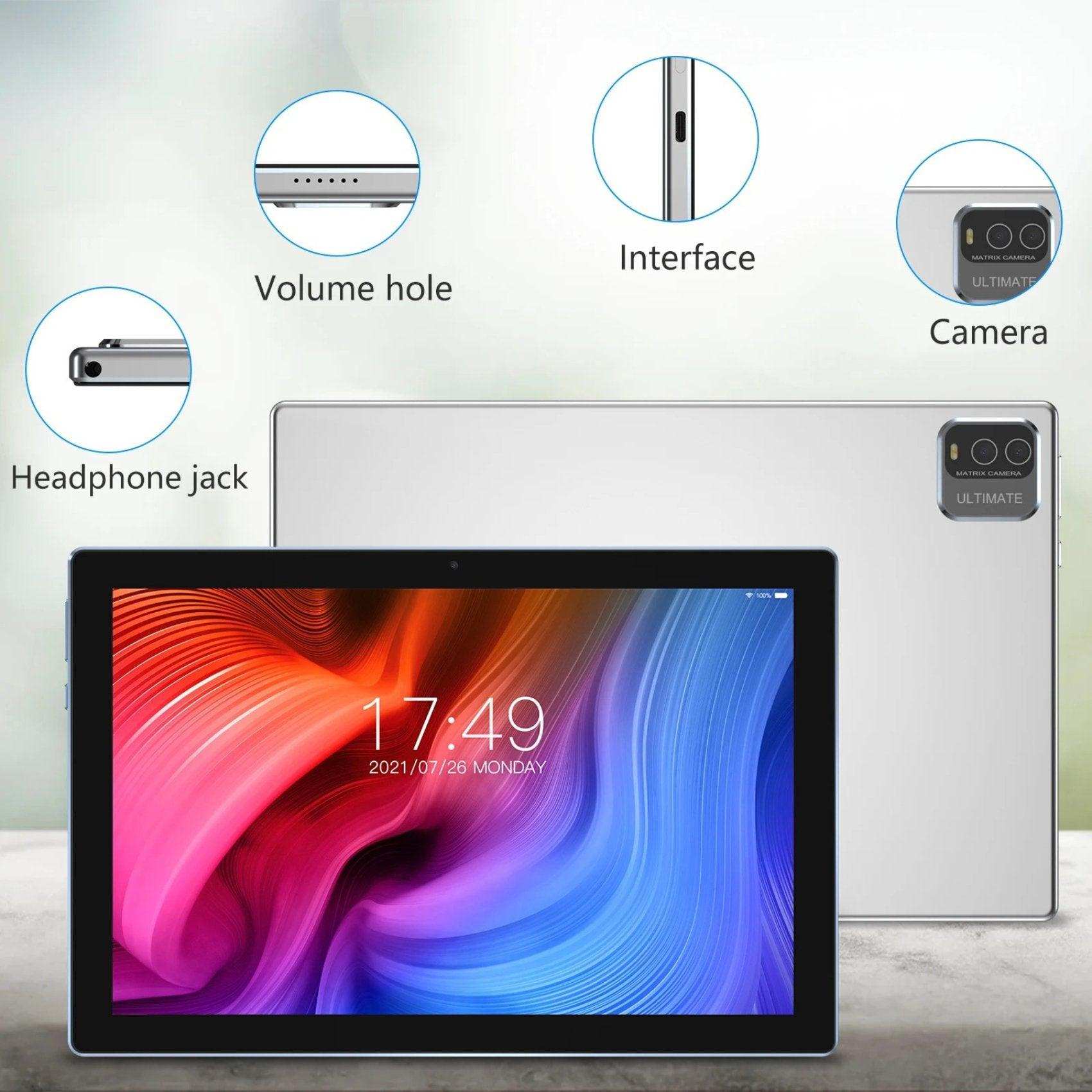 10.1-inch Android tablet with front display, rear camera, headphone jack, and volume hole, TUTT
