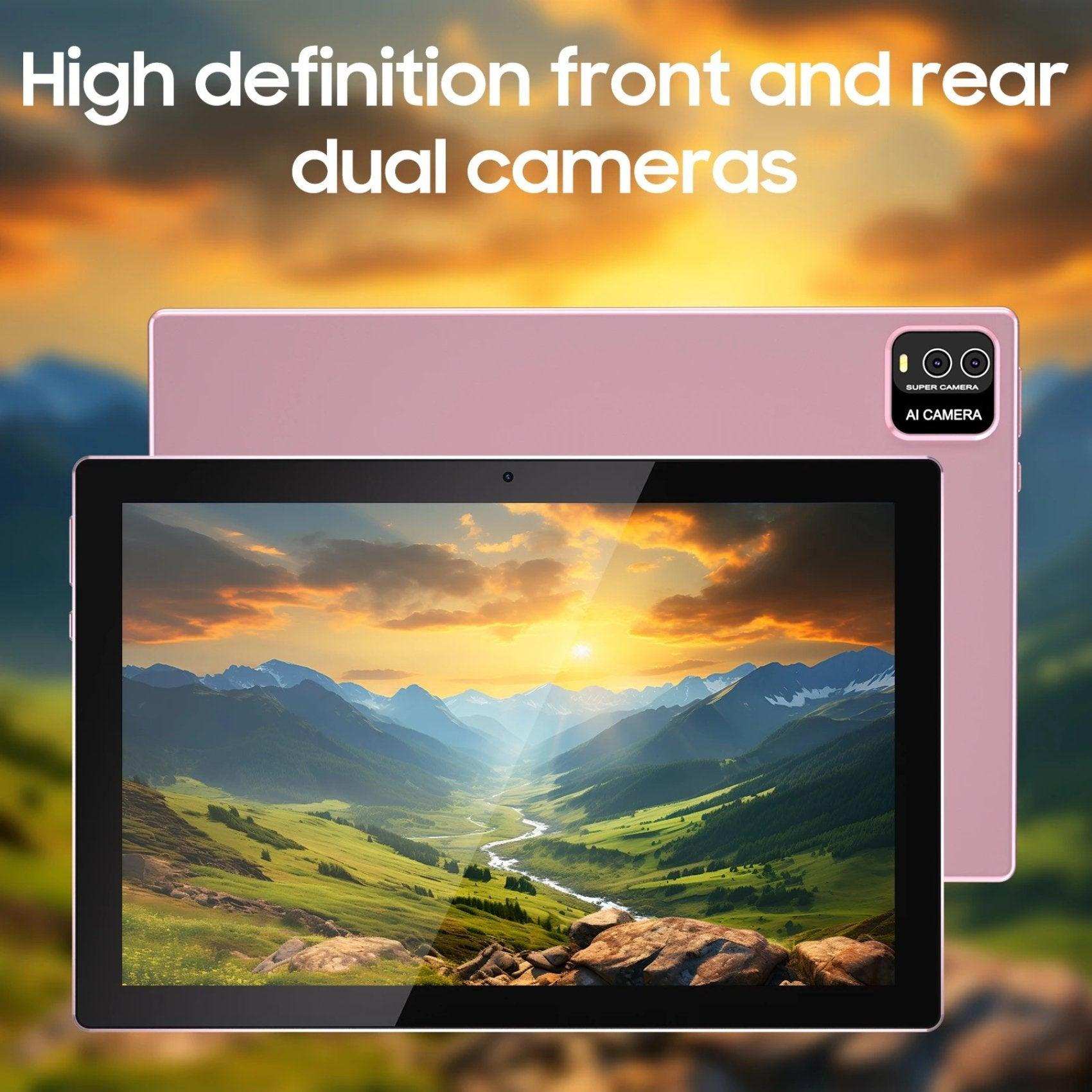 10.1-inch FHD Android tablet with dual cameras, front and back view, nature display, TUTT