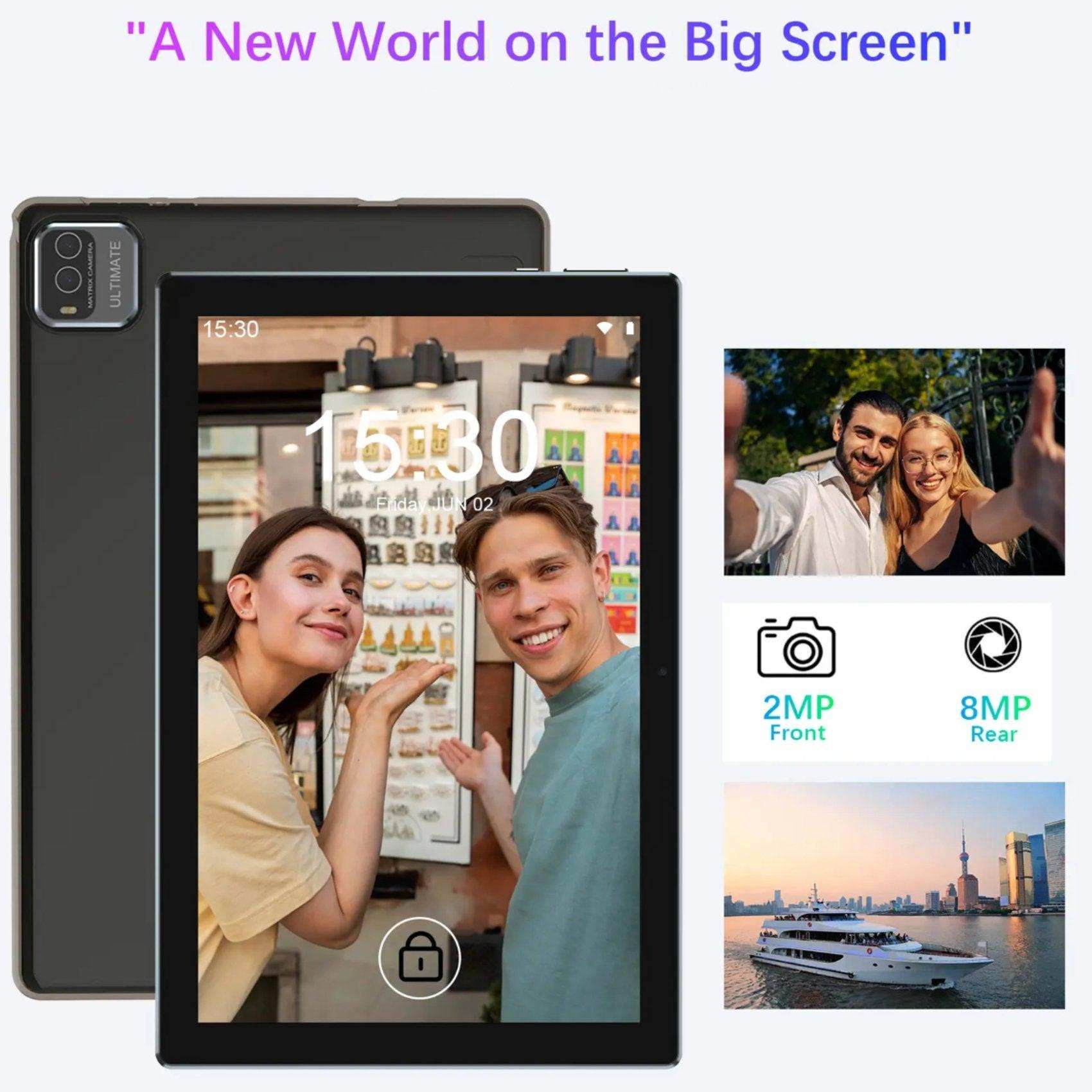 10.1-inch Android tablet with screen, camera specs, and lifestyle photos, black design TUTT