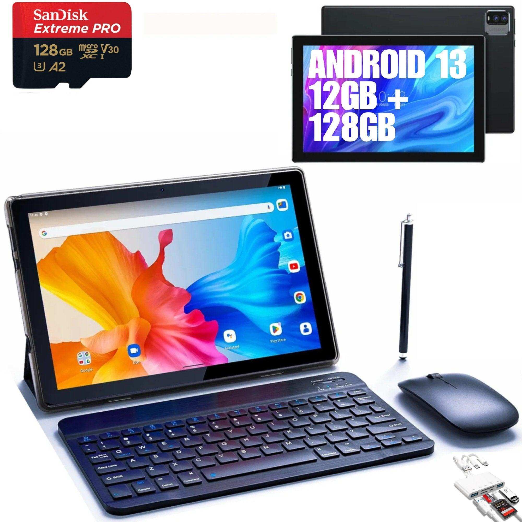 10.1-inch Android 13 tablet with keyboard, mouse, stylus, 128GB microSD, dual camera, TUTT