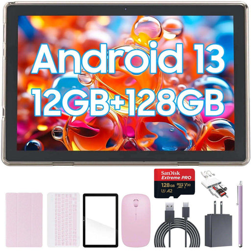 10.1-inch Android 13 tablet with keyboard, mouse, stylus, 12GB RAM, 128GB storage, TUTT