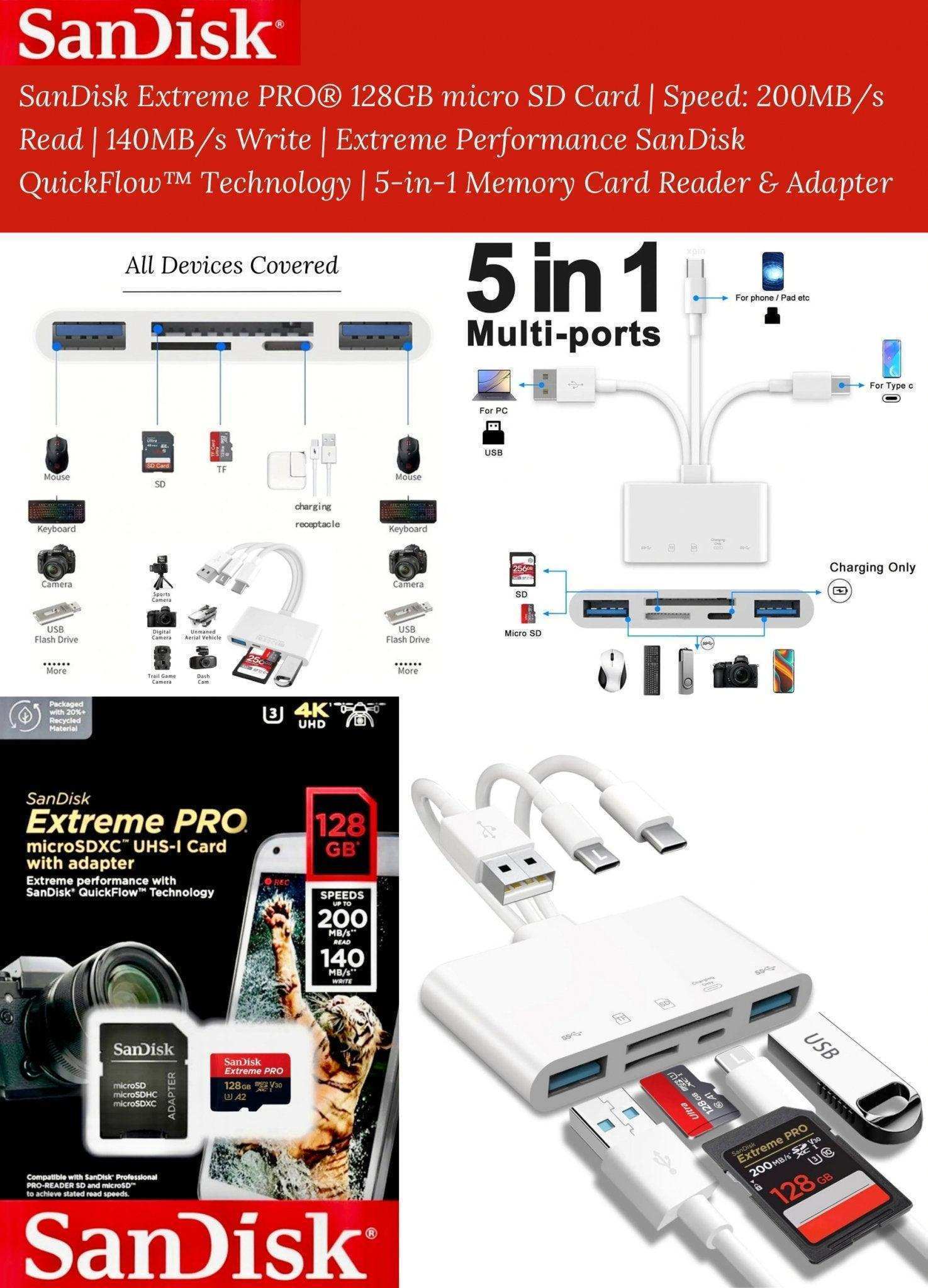 SanDisk Extreme PRO 128GB microSD card with 5-in-1 USB memory card reader and adapter, multi-port hub, and device compatibility graphics. TUTT