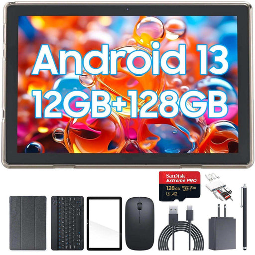 10.1 inch Android 13 tablet with 12GB RAM, 128GB ROM, accessories, and Sandisk card, TUTT