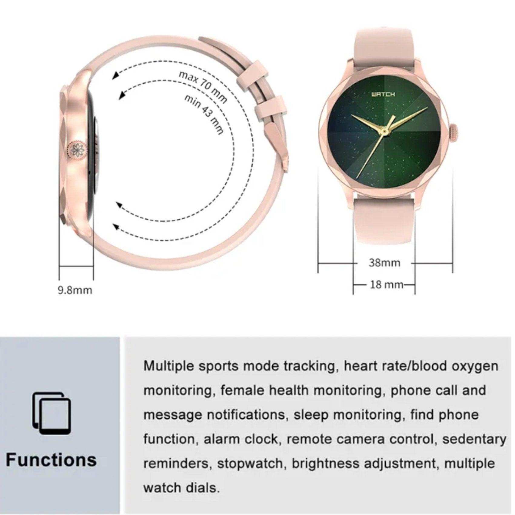 Women's diamond AMOLED screen smartwatch with pink steel strap, size chart, and features list TUTT