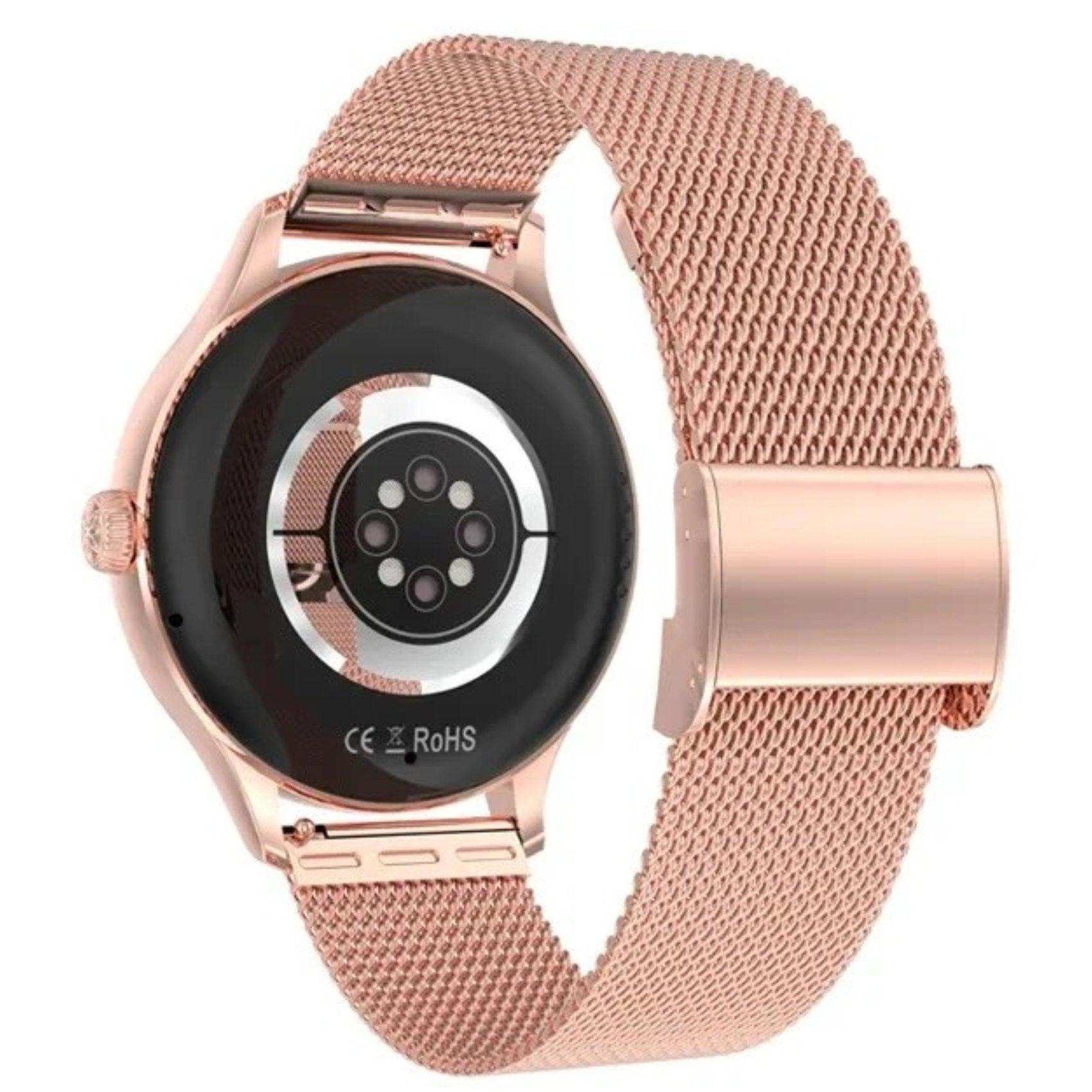 Rose gold women’s diamond AMOLED smartwatch with steel mesh strap, fitness sensor visible. TUTT