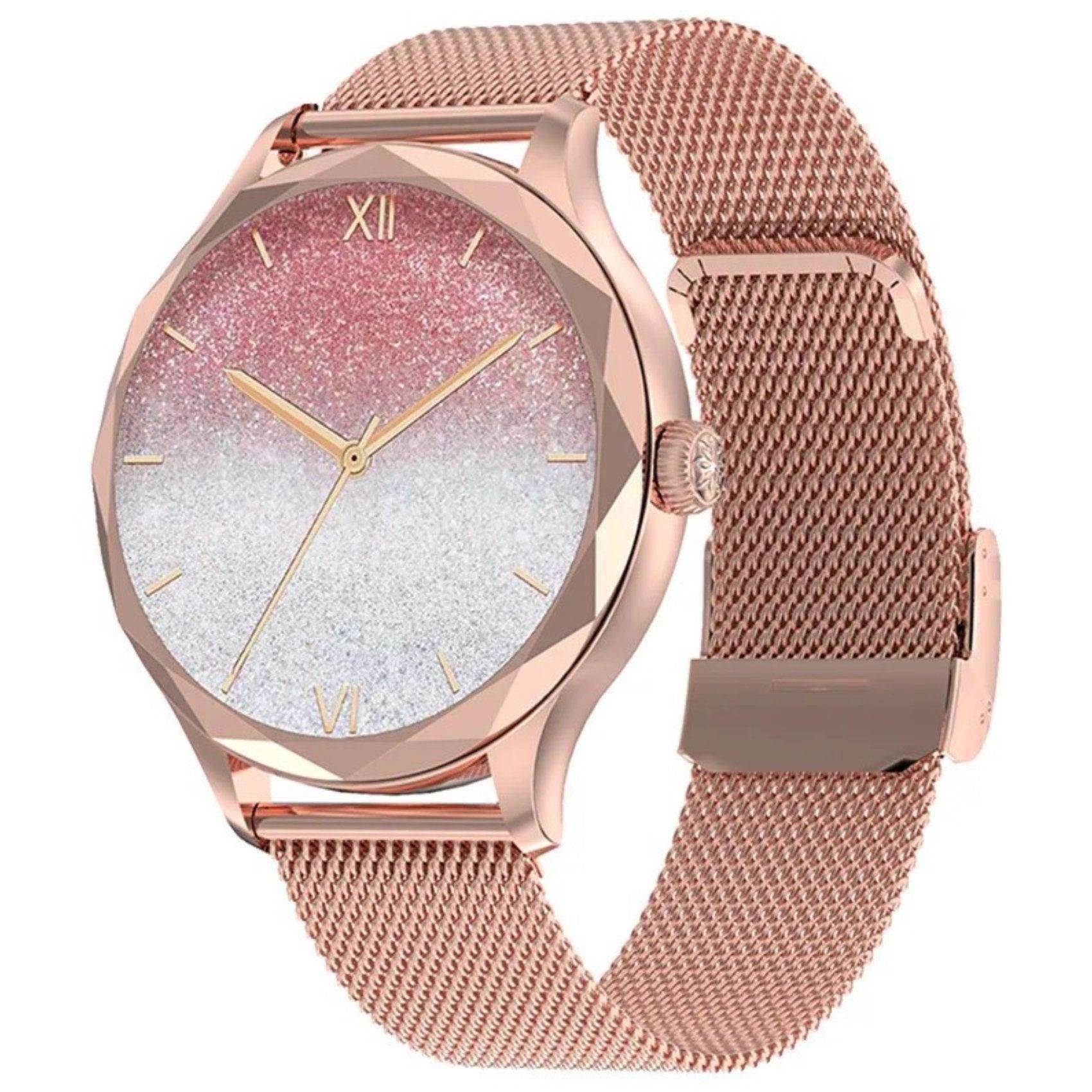 Rose gold ladies diamond smartwatch with mesh steel strap and sparkling gradient dial, TUTT