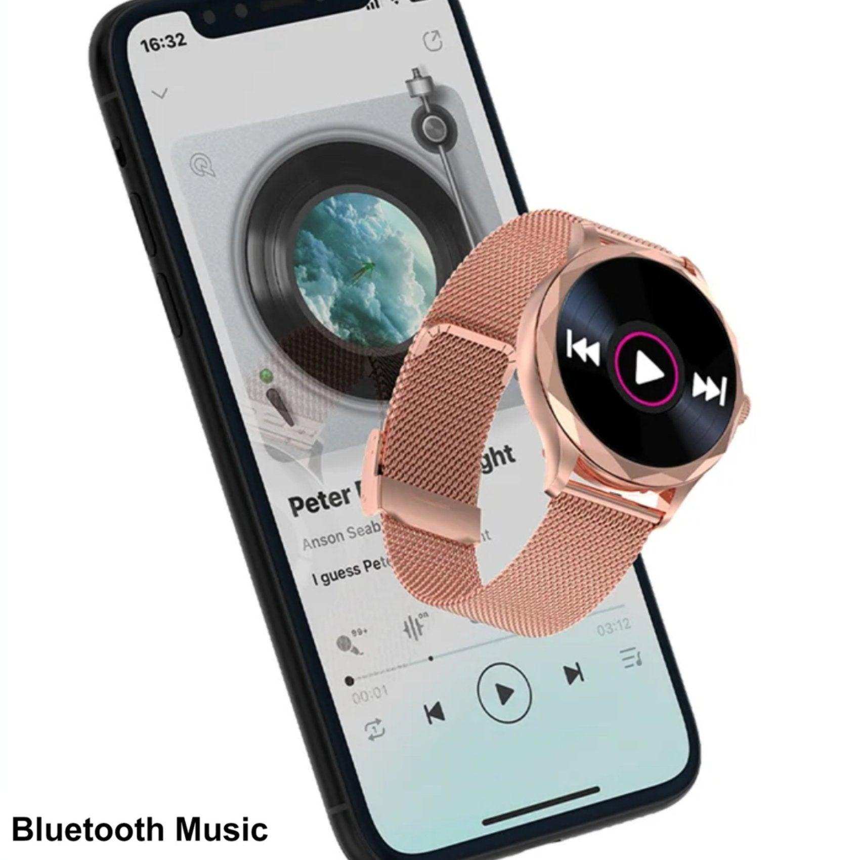Rose gold diamond AMOLED screen women’s smartwatch with mesh strap above smartphone displaying music app, Bluetooth Music feature. TUTT