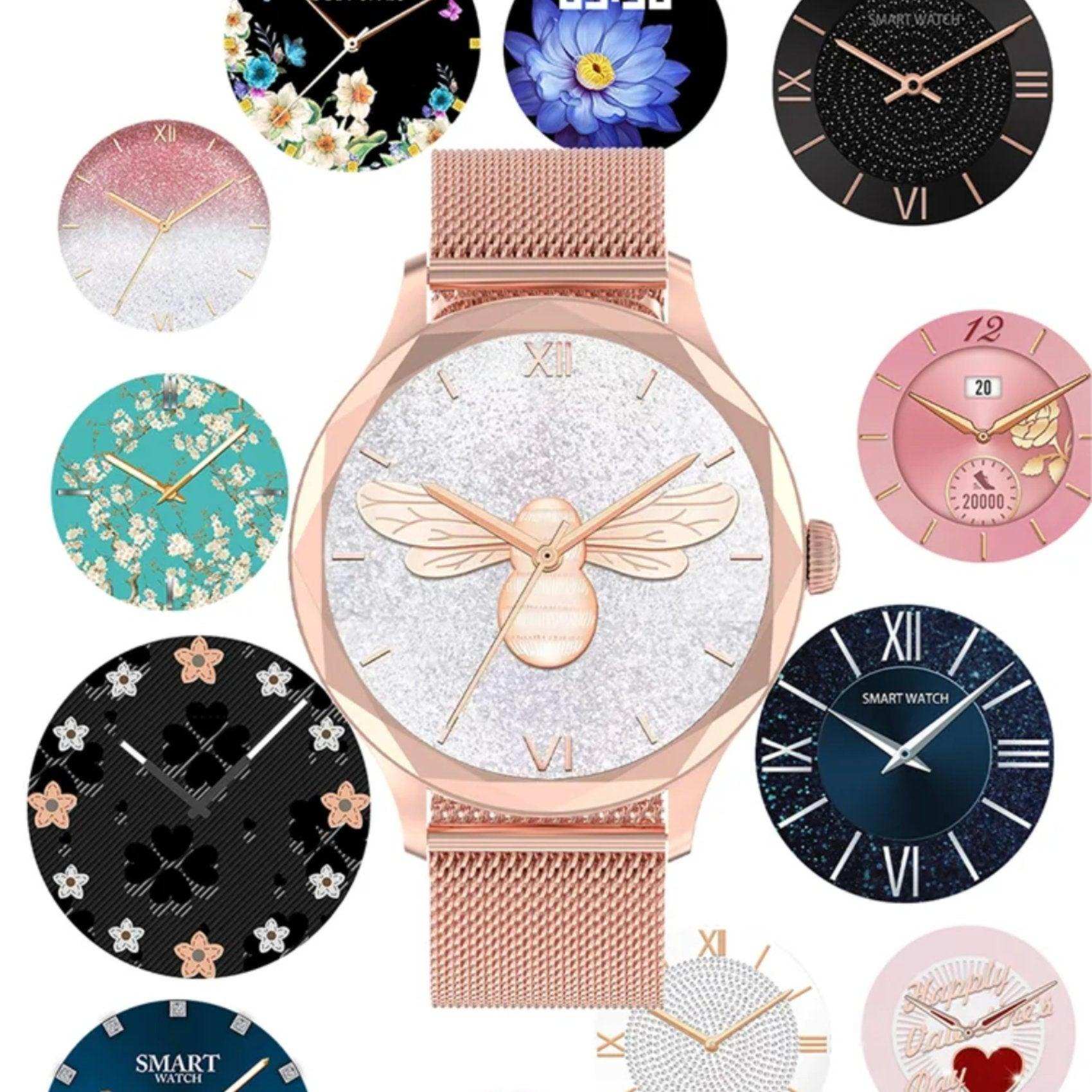 Rose gold women's diamond AMOLED smartwatch with bee design and multiple stylish dials, TUTT