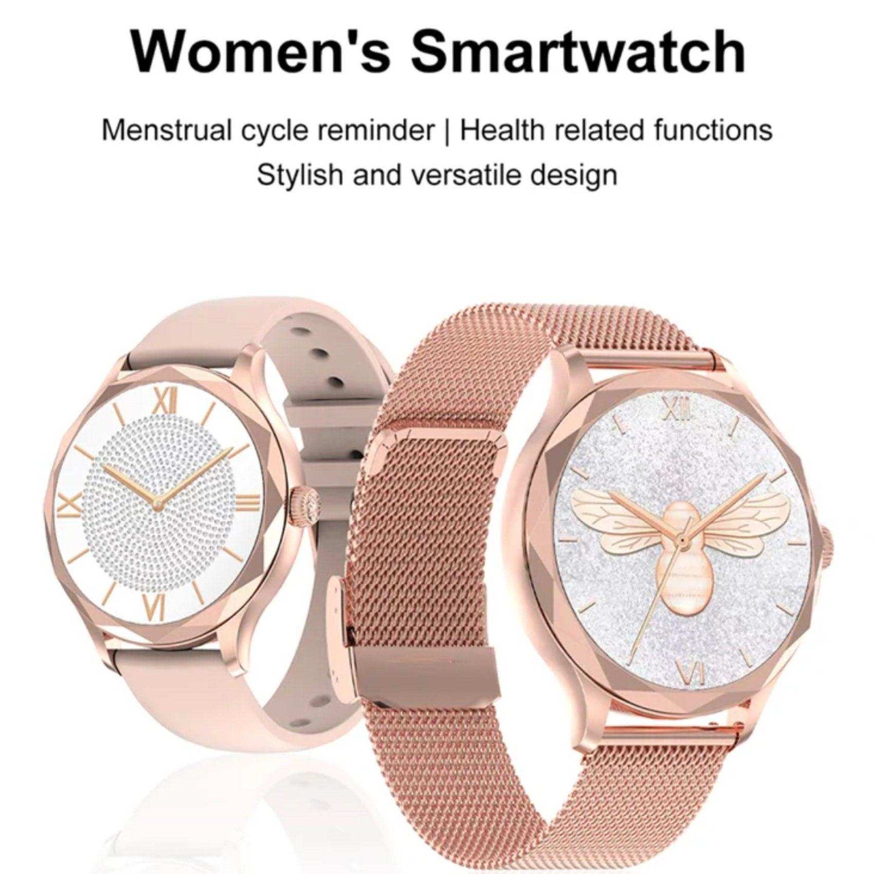 Rose gold women’s diamond AMOLED screen smartwatches with steel straps, elegant design. TUTT